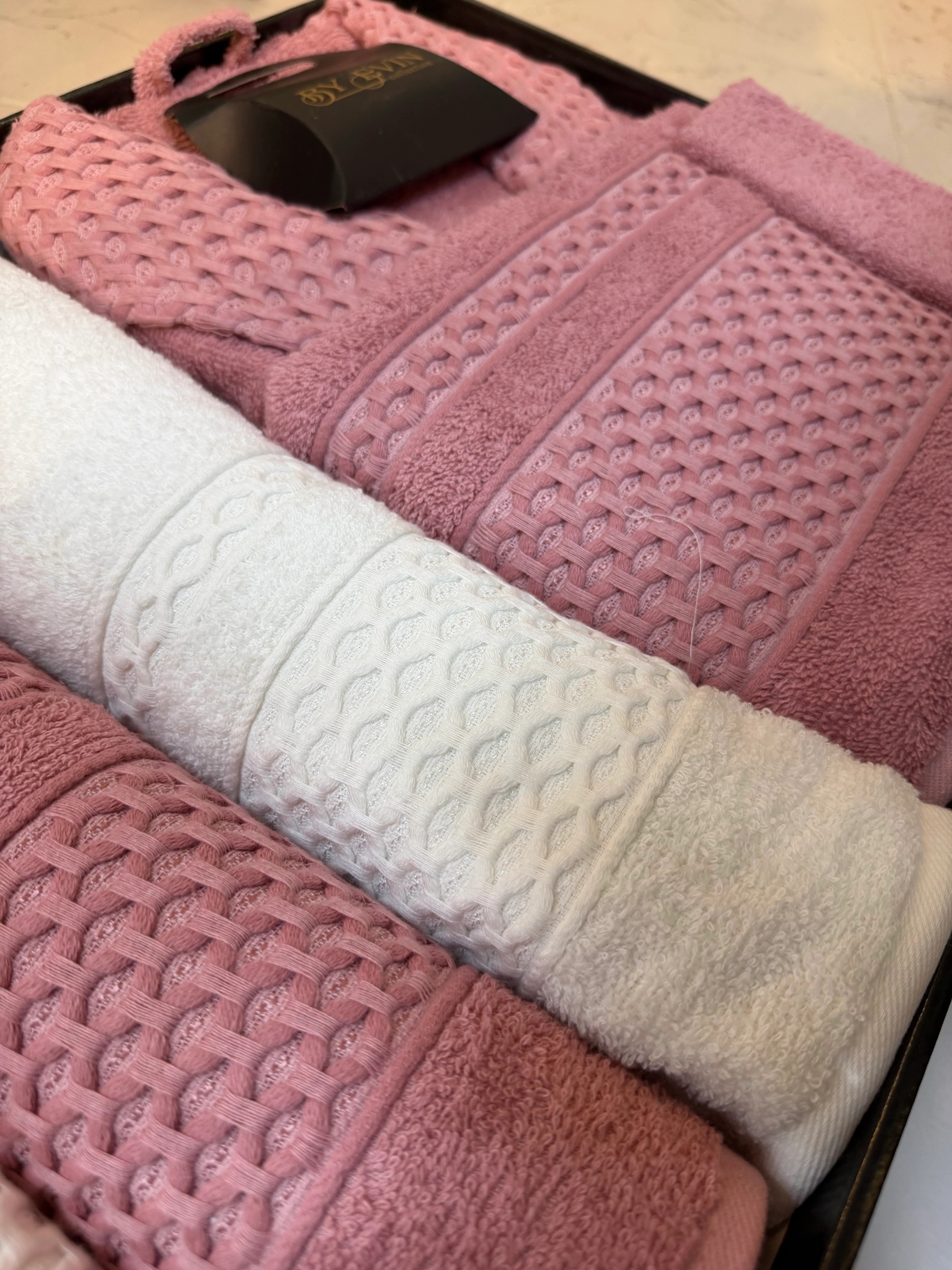 BORNOZ SETİ 10 PARÇA AİLE SETİ / PEMBE KREM