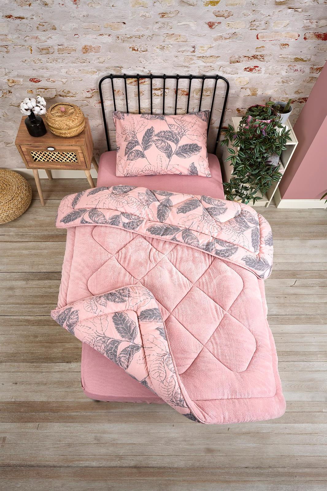 TEK KİŞİLİK 4 PARÇA WELSOFT UYKU SETİ POLARLI / PEMBE YAPRAK TK