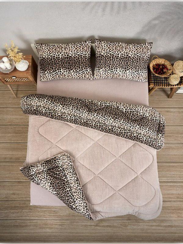 ÇİFT KİŞİLİK 5 PARÇA WELSOFT UYKU SETİ POLARLI POFUDUK / LEOPAR ÇK BEJ
