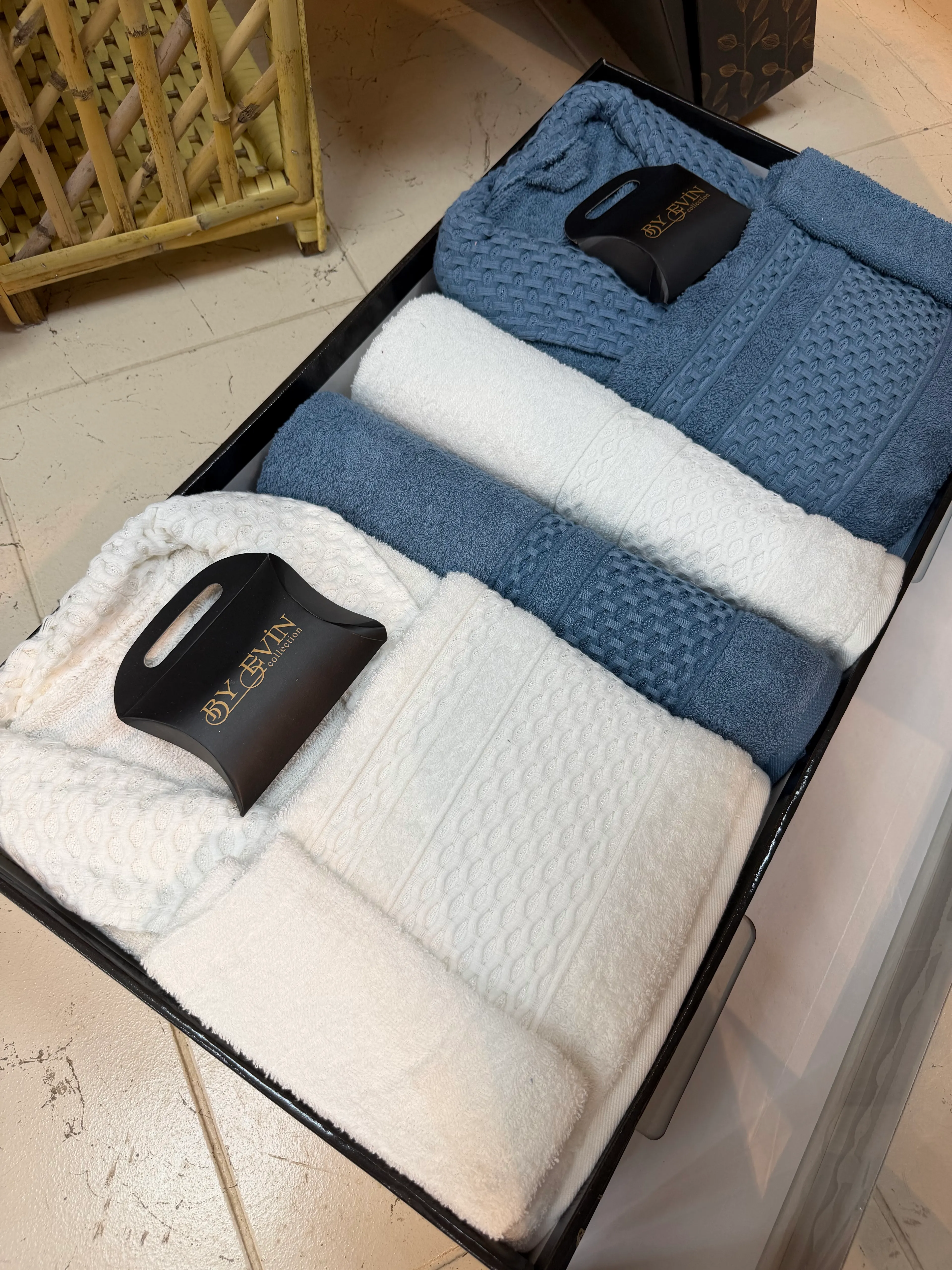 BORNOZ SETİ 10 PARÇA AİLE SETİ / MAVİ KREM