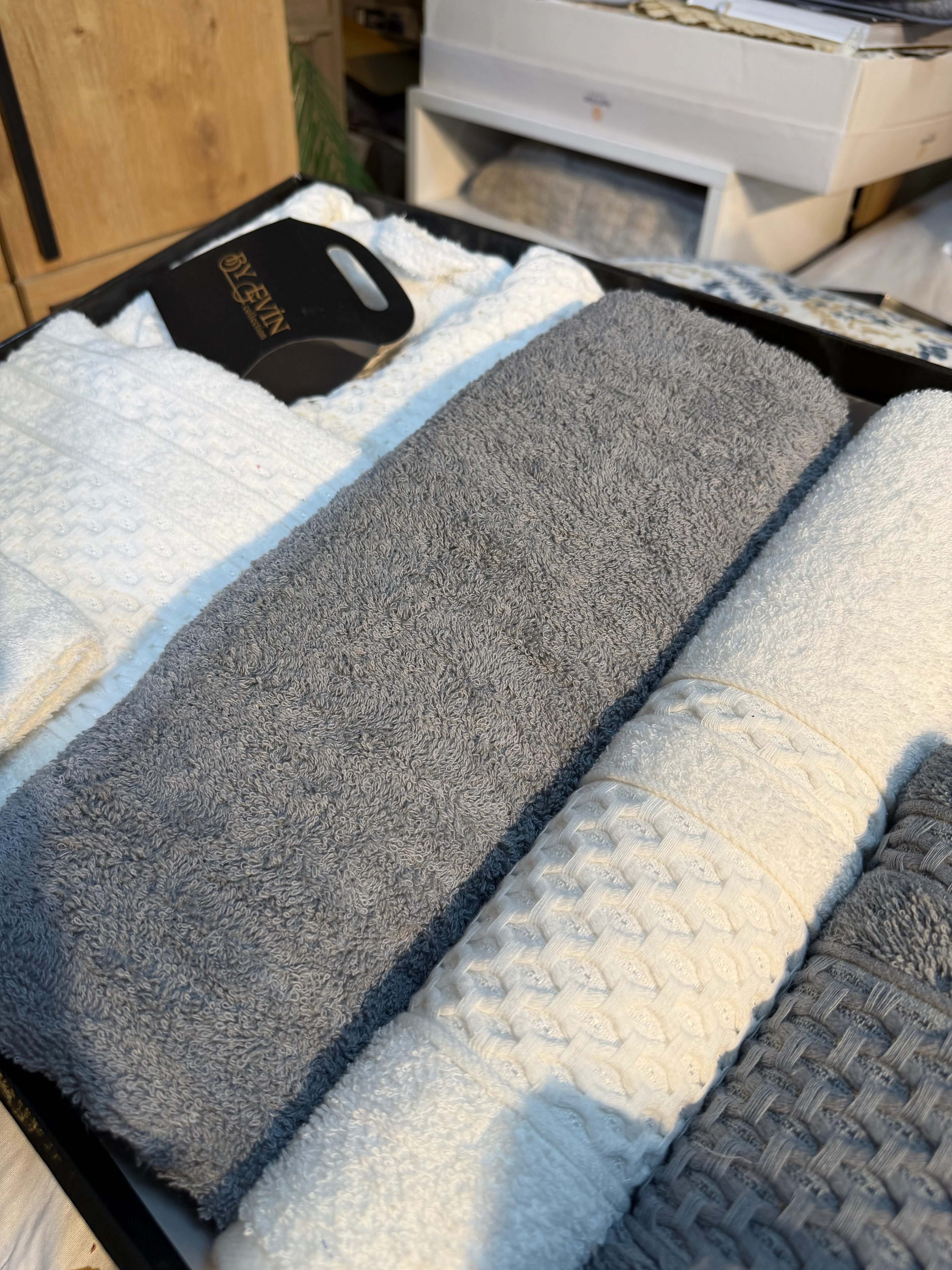 BORNOZ SETİ 10 PARÇA AİLE SETİ / ANTRASİT KREM