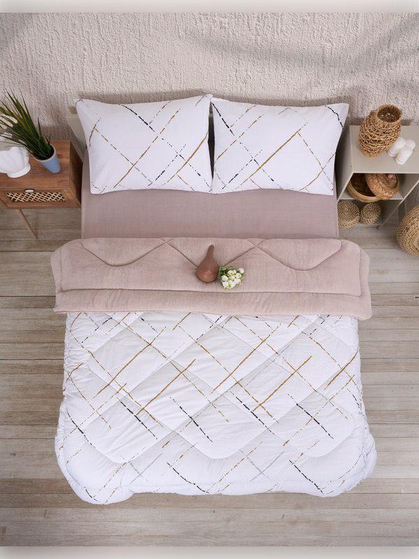 ÇİFT KİŞİLİK 5 PARÇA WELSOFT UYKU SETİ POLARLI POFUDUK / BEYAZ ÇK