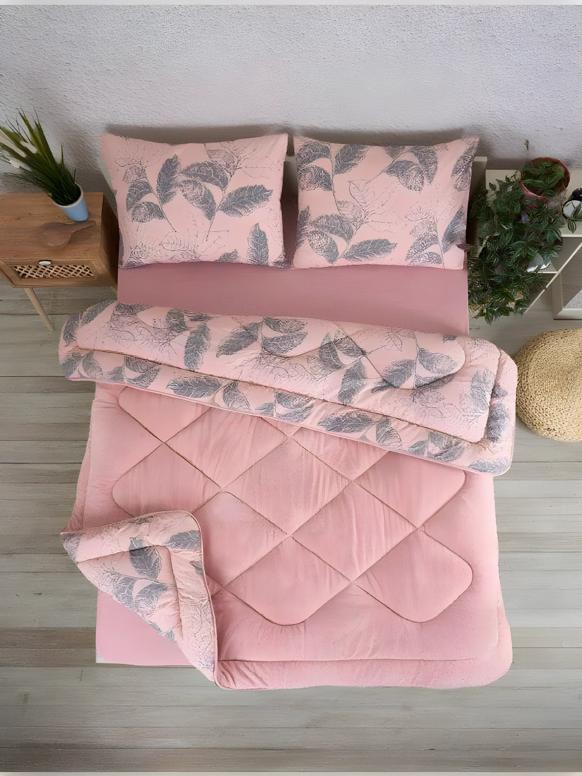 ÇİFT KİŞİLİK WELSOFT 5 PARÇA UYKU SETİ POLARLI / PEMBE YAPRAK ÇK
