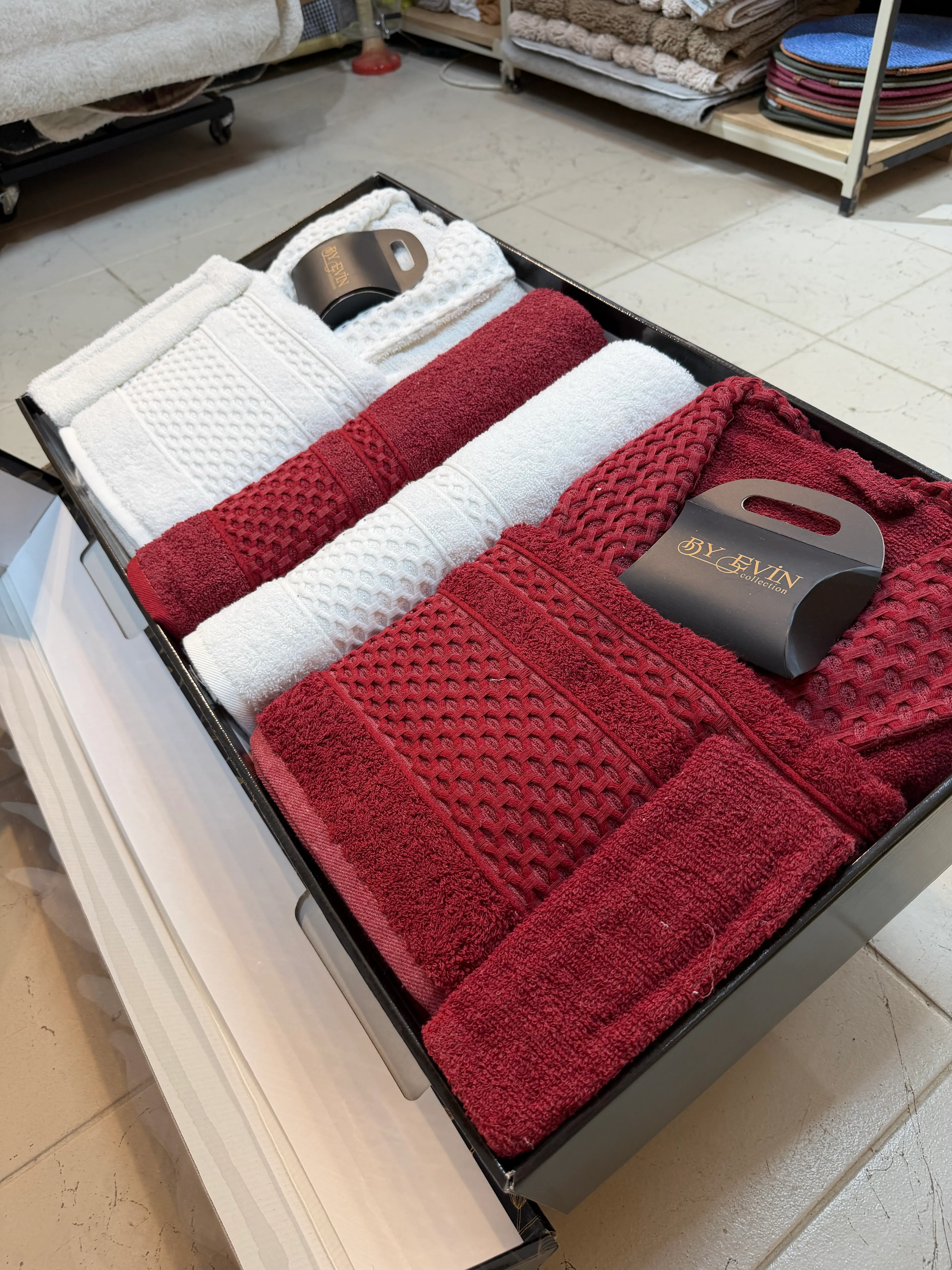 BORNOZ SETİ 10 PARÇA AİLE SETİ / BORDO KREM 