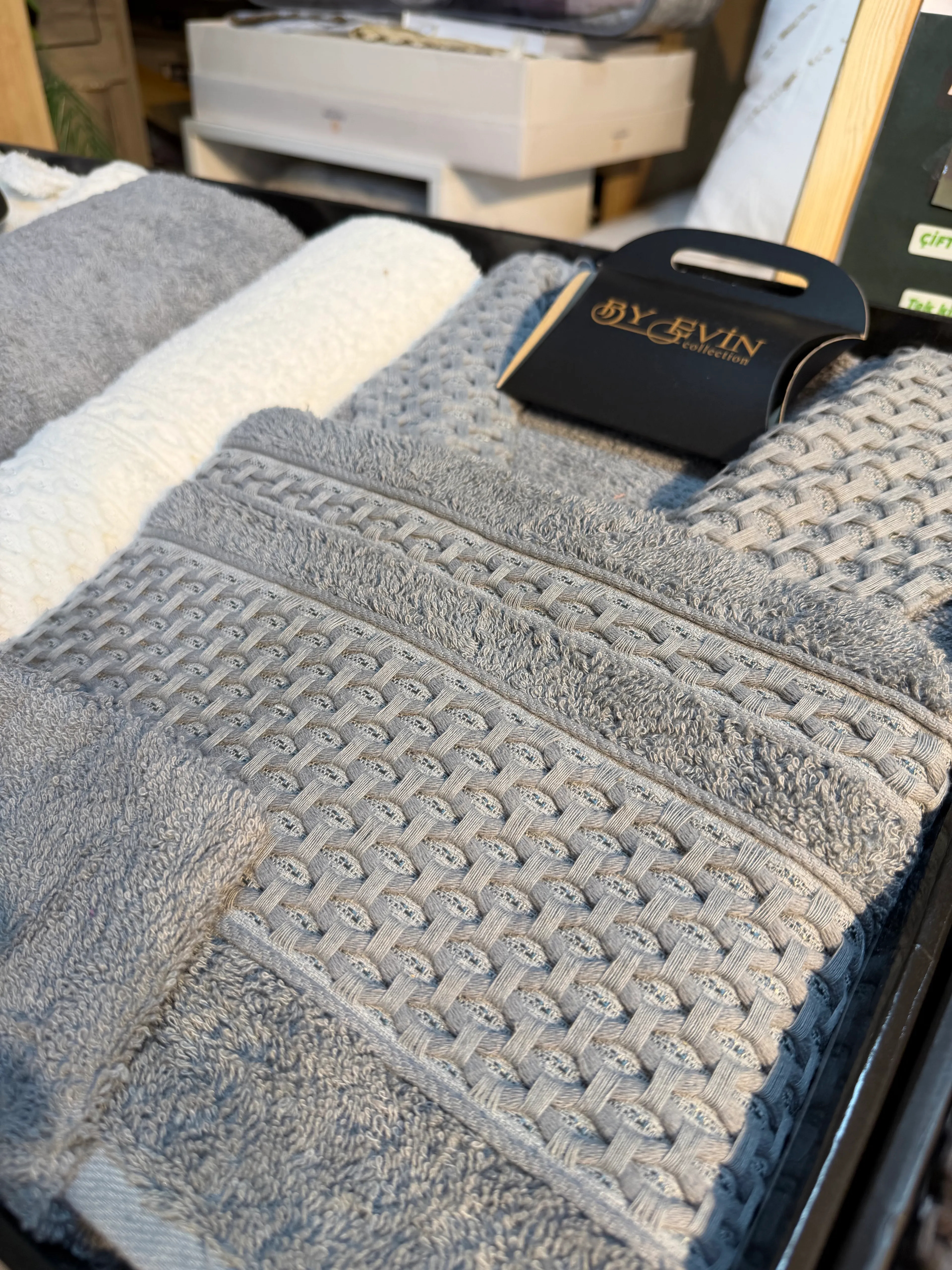 BORNOZ SETİ 10 PARÇA AİLE SETİ / ANTRASİT KREM