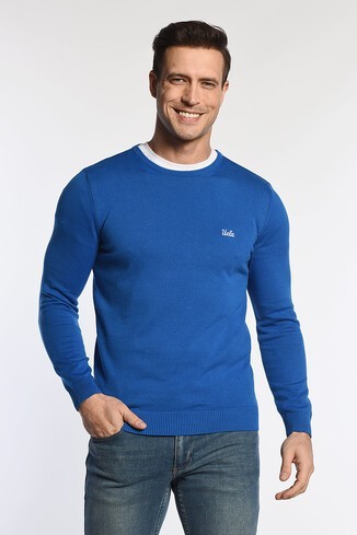 MENTO Mavi Bisiklet Yaka Nakışlı Slim Fit Erkek Triko