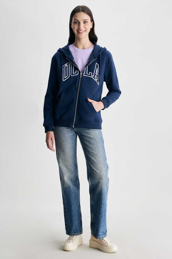 JOYCE Lacivert Kapüşonlu Ve Fermuarlı Aplikeli Şardonlu Standard Fit Kadın Sweatshirt