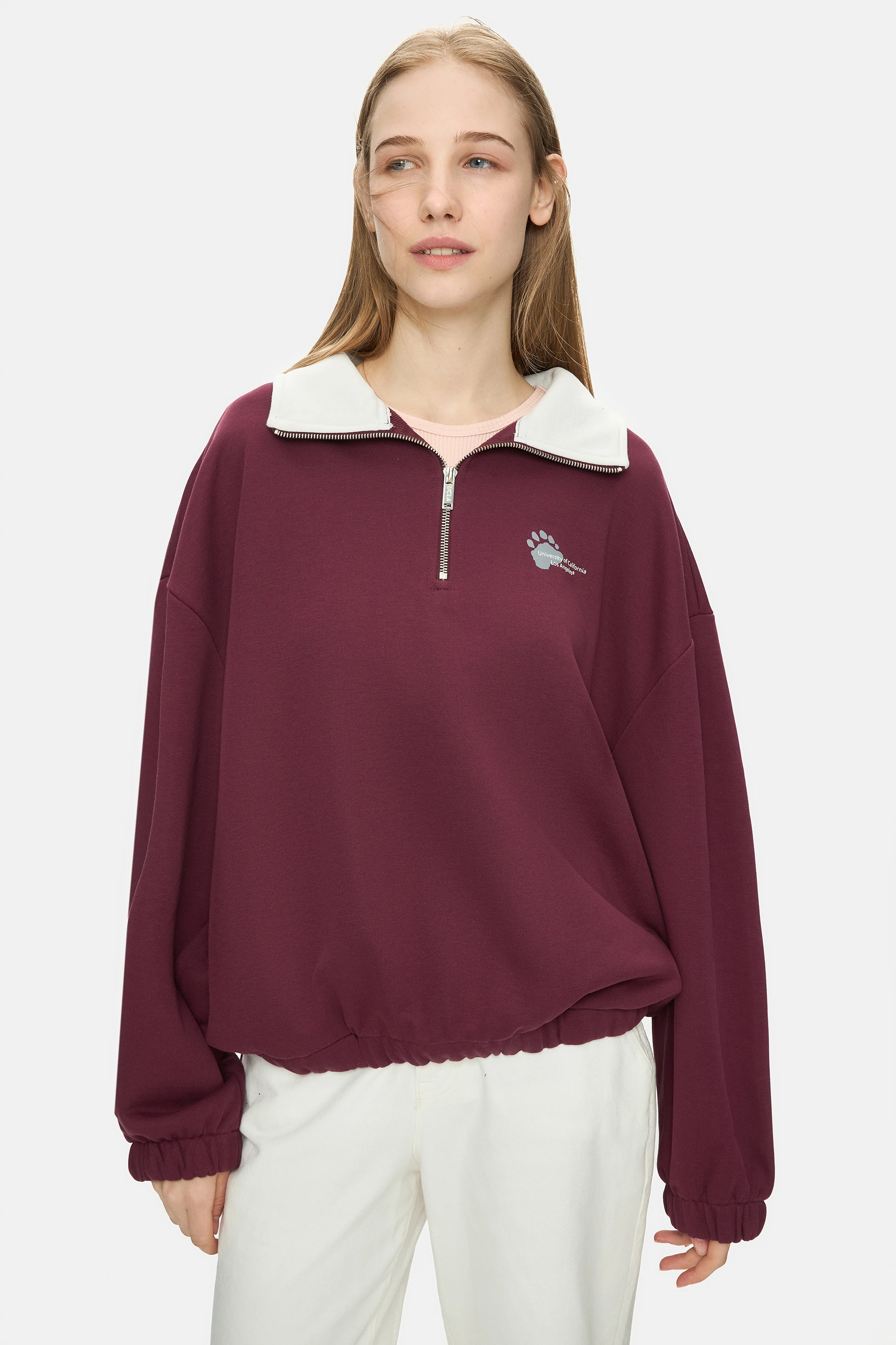 YOKO Bordo Fermuarlı Baskılı Oversize Fit Kadın Sweatshirt