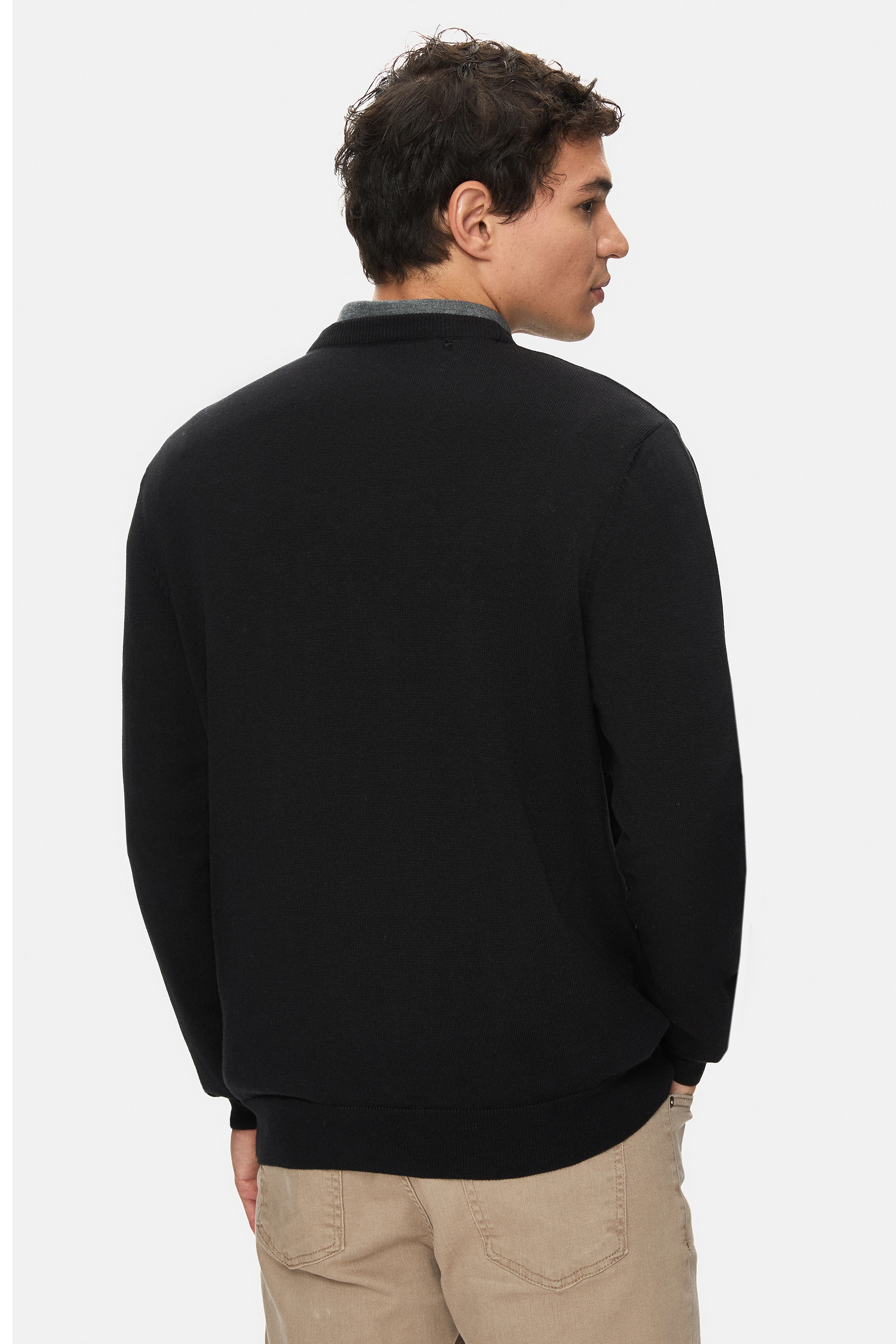 SENTO Siyah Bisiklet Yaka Nakışlı Standard Fit Erkek Triko