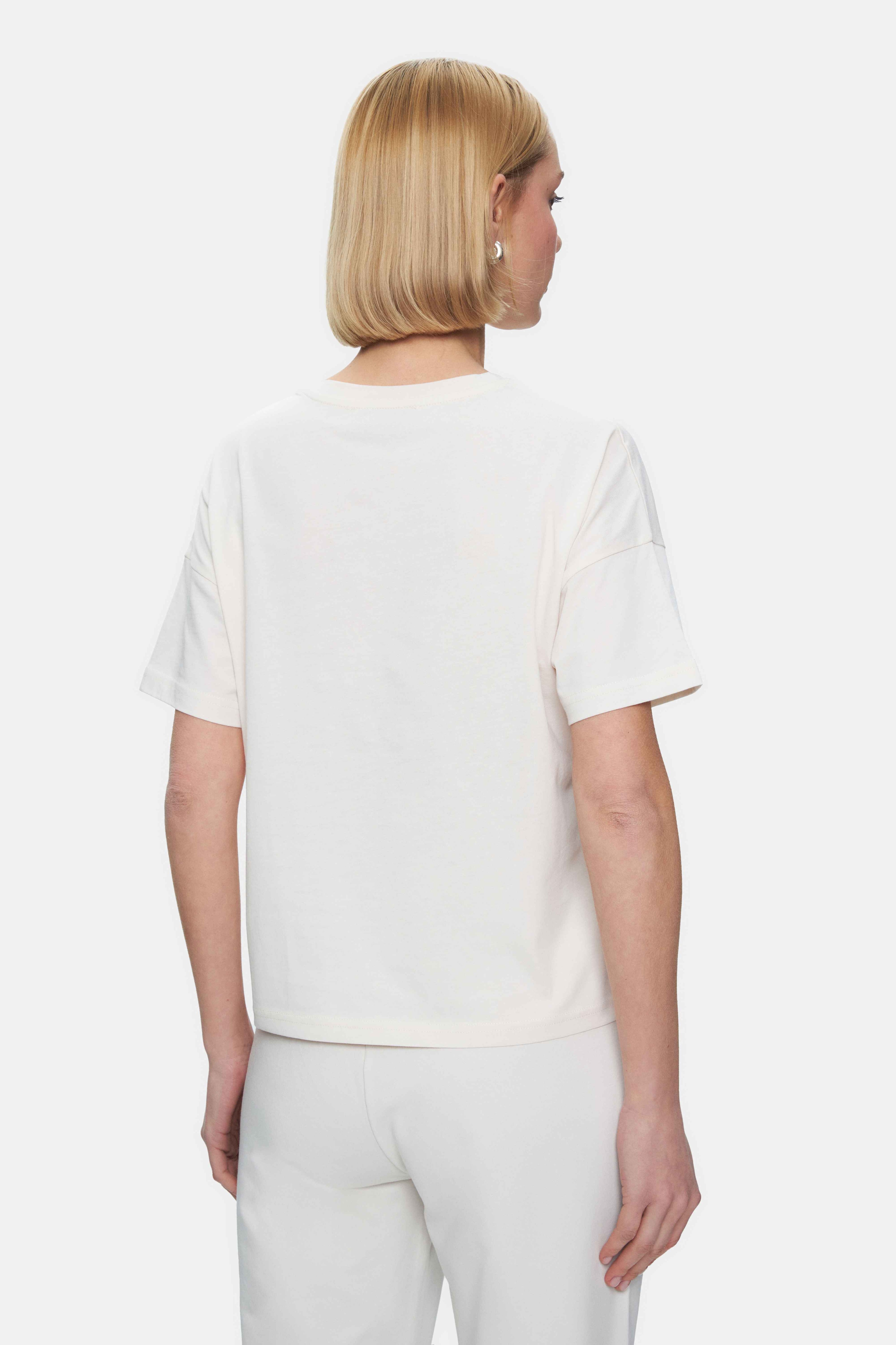KENZIE Kemik Rengi Bisiklet Yaka Baskılı Loose Fit Kadın Tshirt