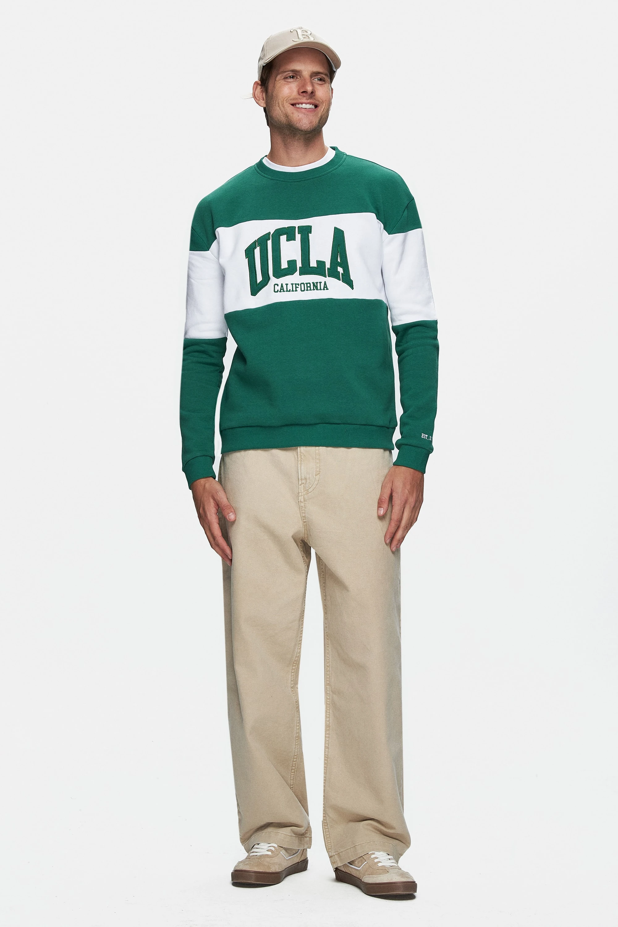 ARCHER Yeşil Bisiklet Yaka Nakışlı Şardonlu Loose Fit Erkek Sweatshirt