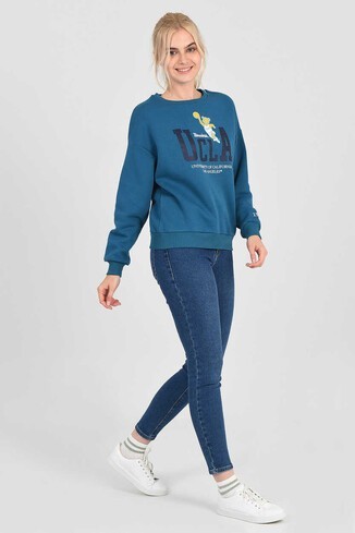 GABRIEL Mavi Bisiklet Yaka Baskılı Oversize Kadın Sweatshirt