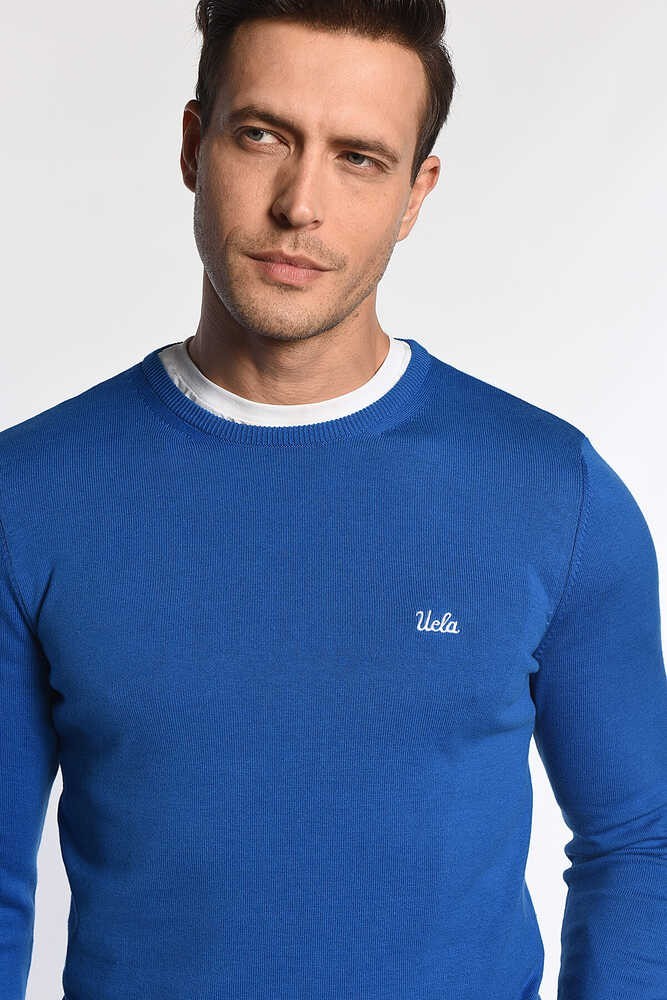 MENTO Mavi Bisiklet Yaka Nakışlı Slim Fit Erkek Triko