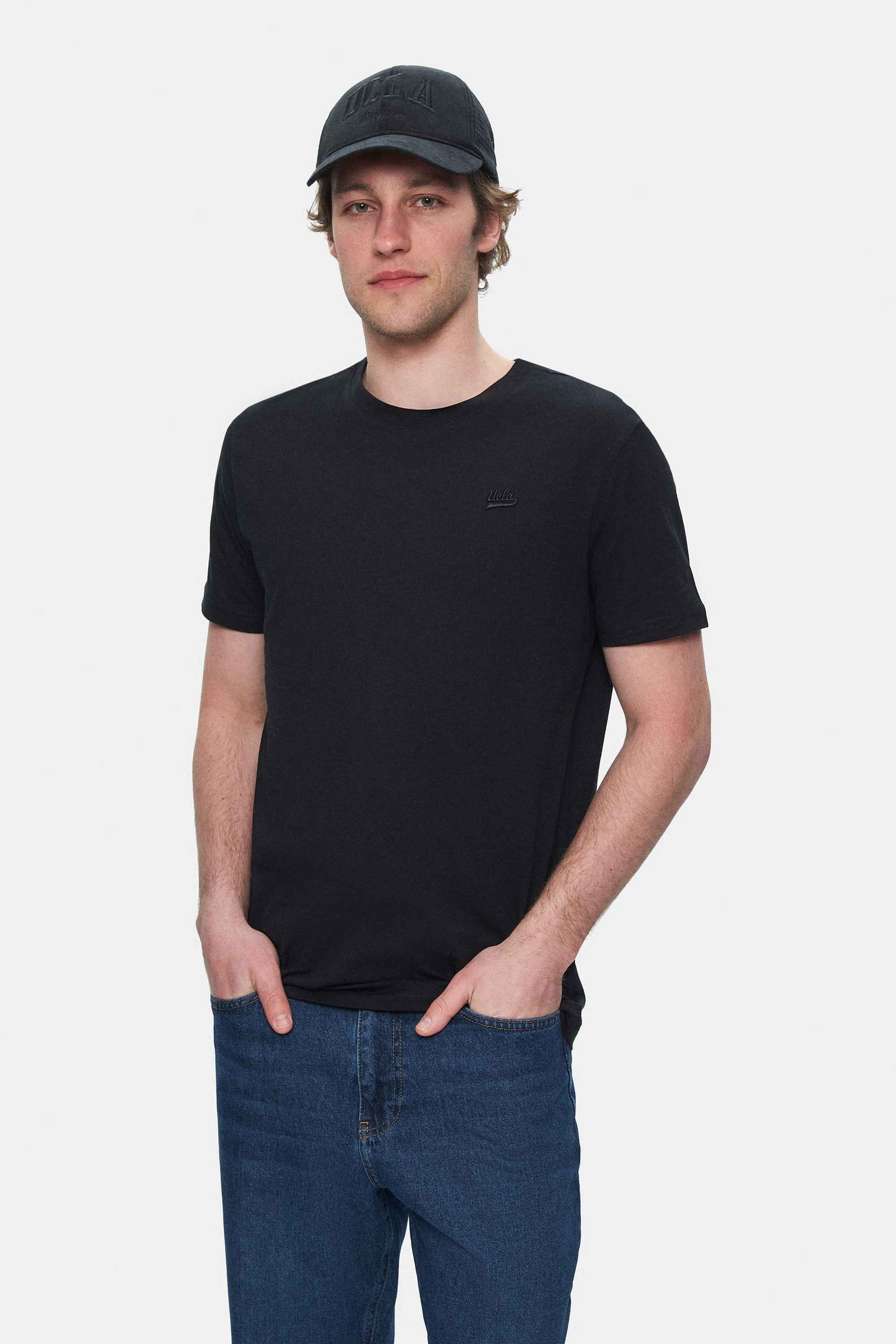 HARPER Siyah Bisiklet Yaka Nakışlı Standard Fit Erkek Tshirt
