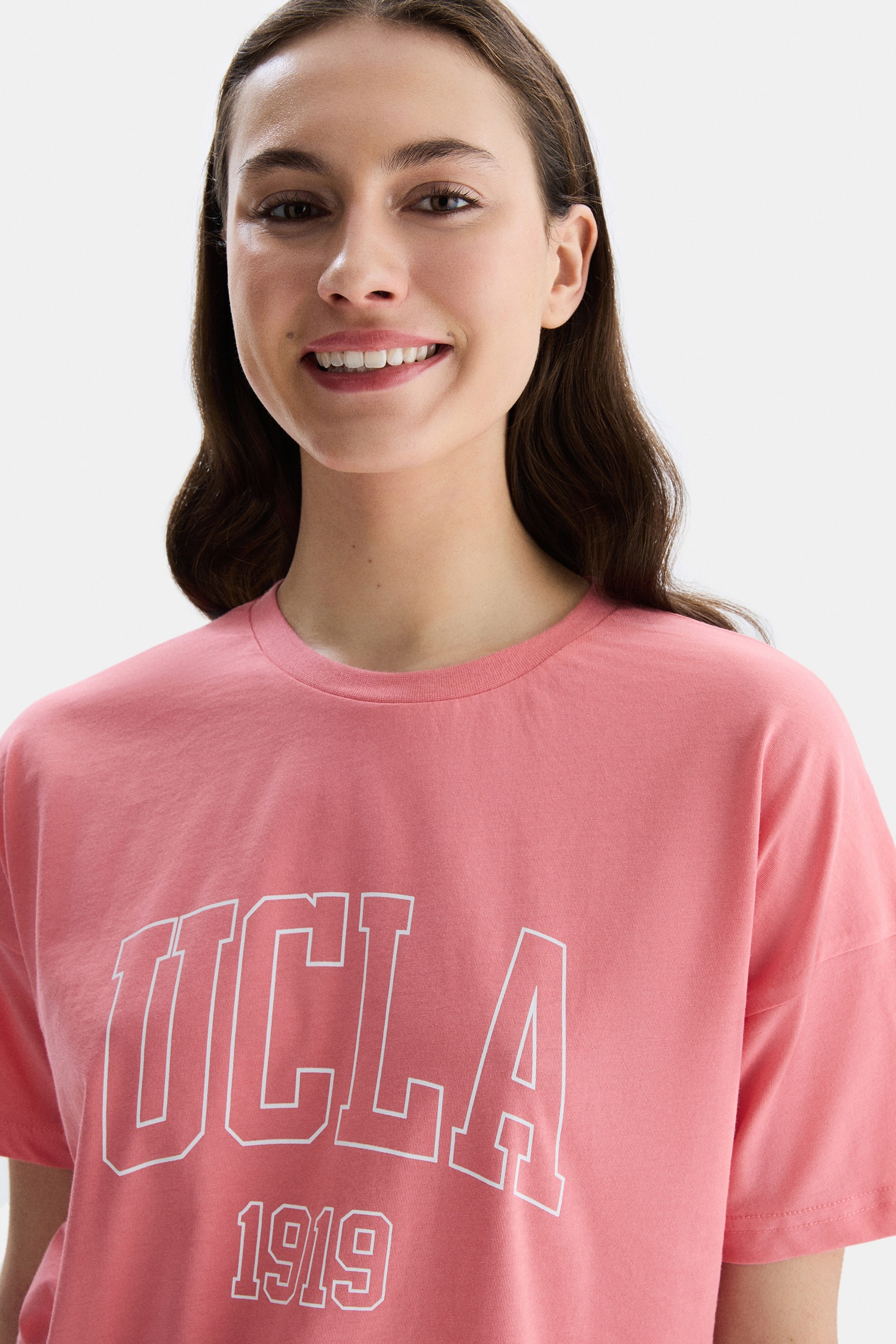 SANCHEZ Pembe Bisiklet Yaka Baskılı Standard Fit Kadın Tshirt