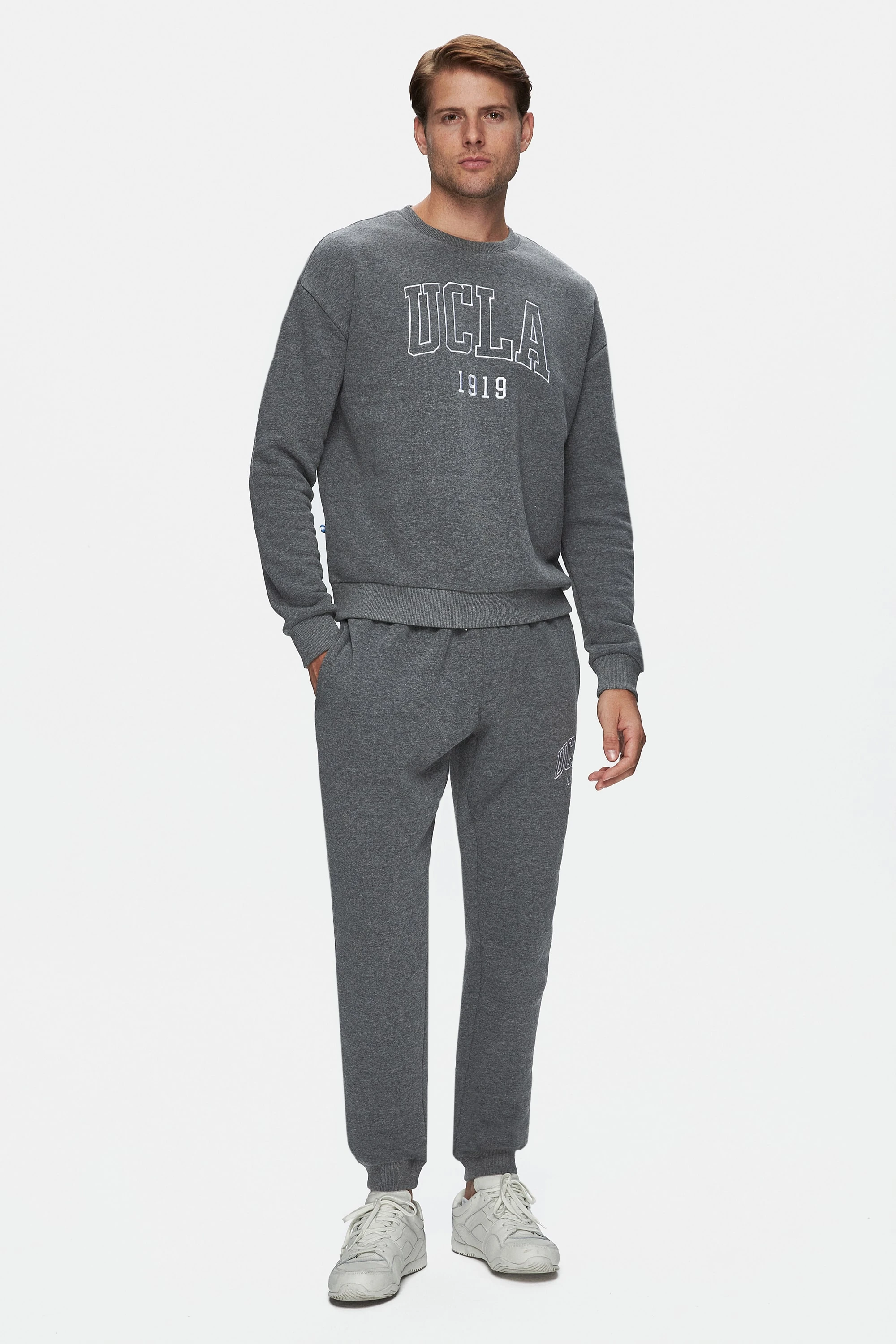 SANDHILL Koyu Gri Bisiklet Yaka Nakışlı Şardonlu Loose Fit Erkek Sweatshirt