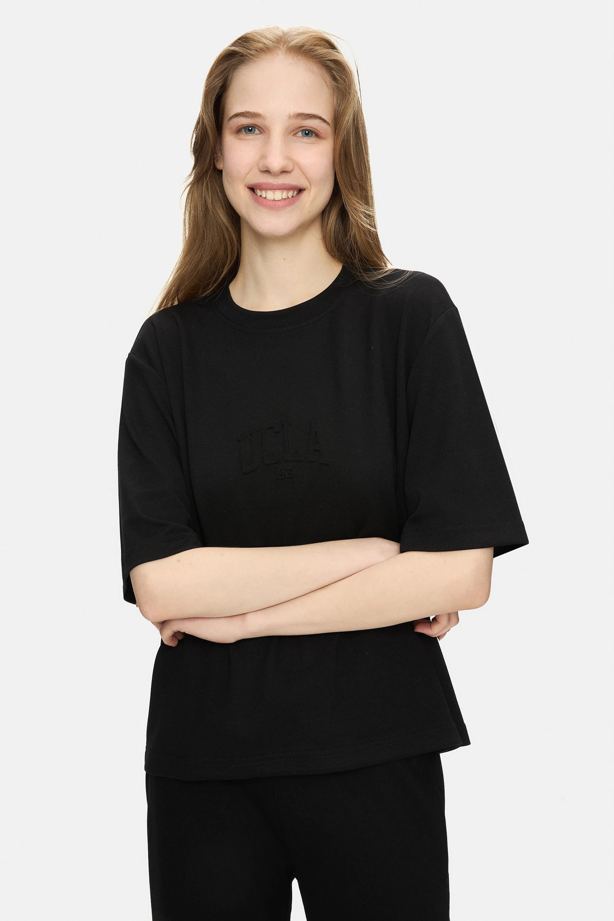 JAYLA Siyah Bisiklet Yaka Gofre Baskılı Modal Kumaş Loose Fit Kadın Tshirt