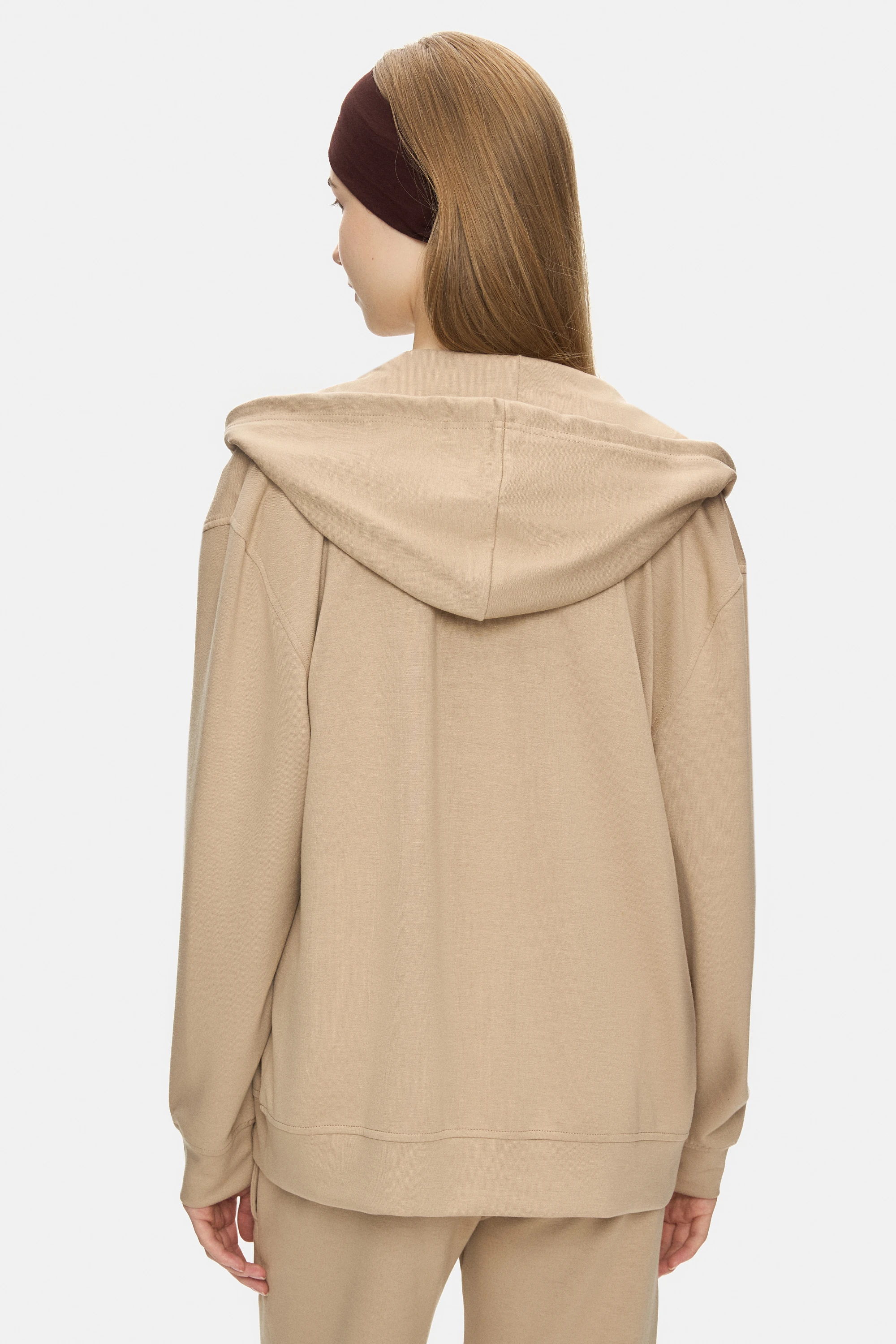 ALLURA Koyu Bej Kapüşonlu Gofre Baskılı Modal Kumaş Loose Fit Kadın Sweatshirt