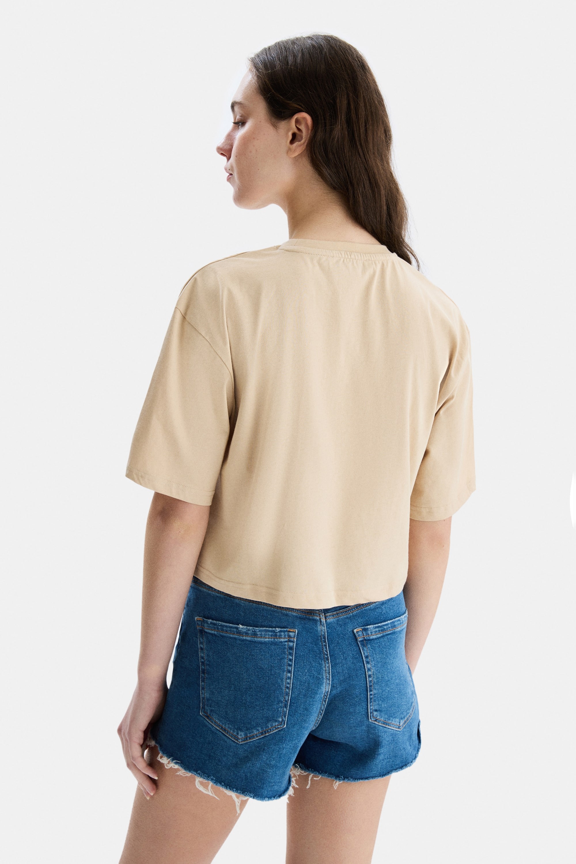 HELENA Kahve Bisiklet Yaka Oversize Crop Nakışlı Oversize Kadın Tshirt