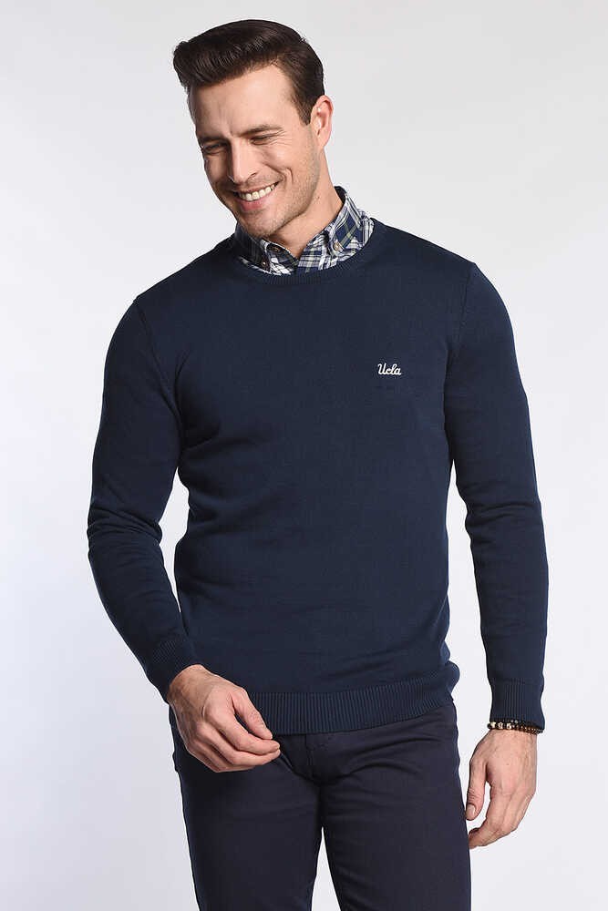 MENTO Koyu Lacivert Bisiklet Yaka Nakışlı Slim Fit Erkek Triko