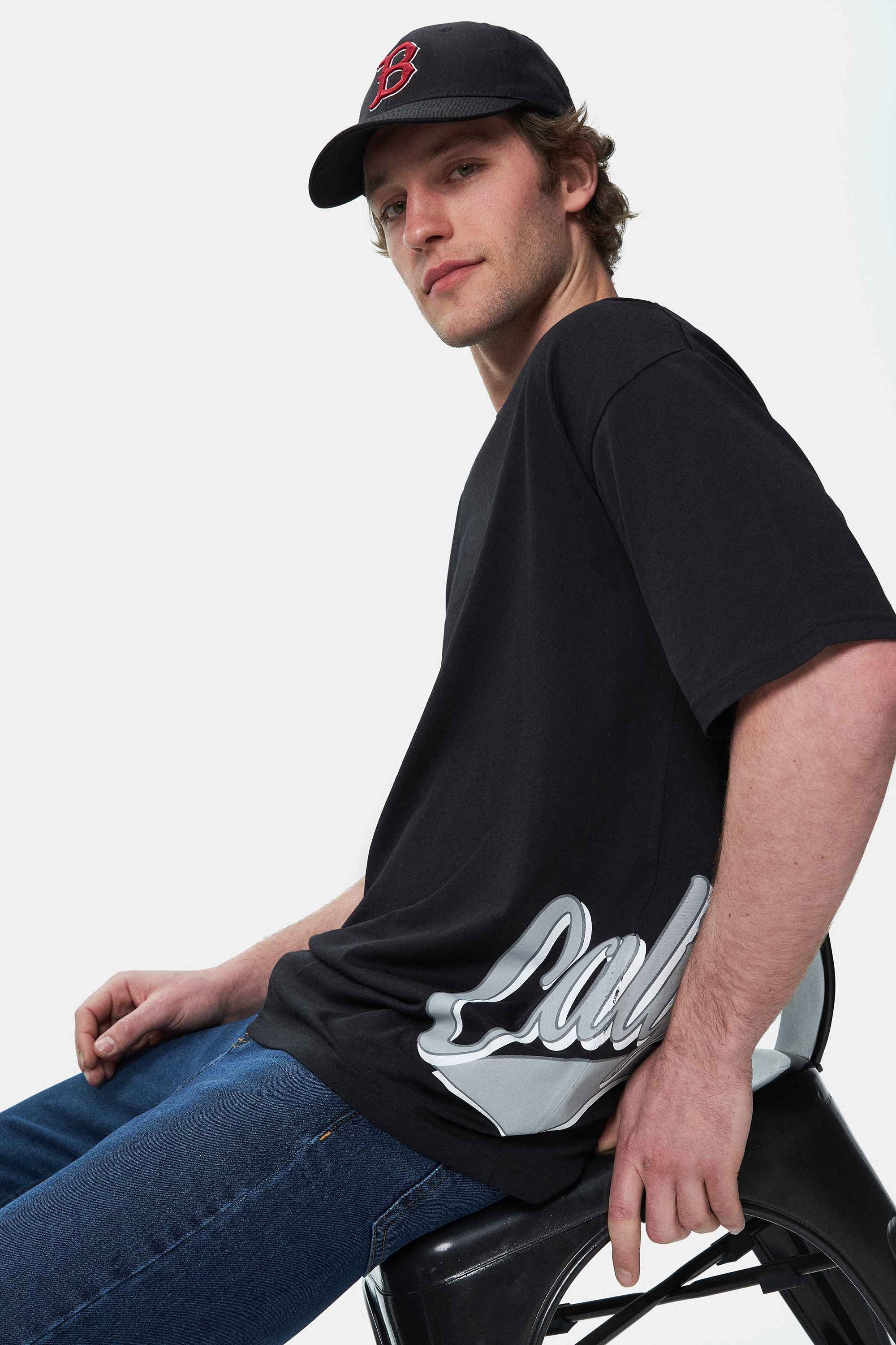 ROSCOE Siyah Bisiklet Yaka Baskılı Oversize Erkek Tshirt