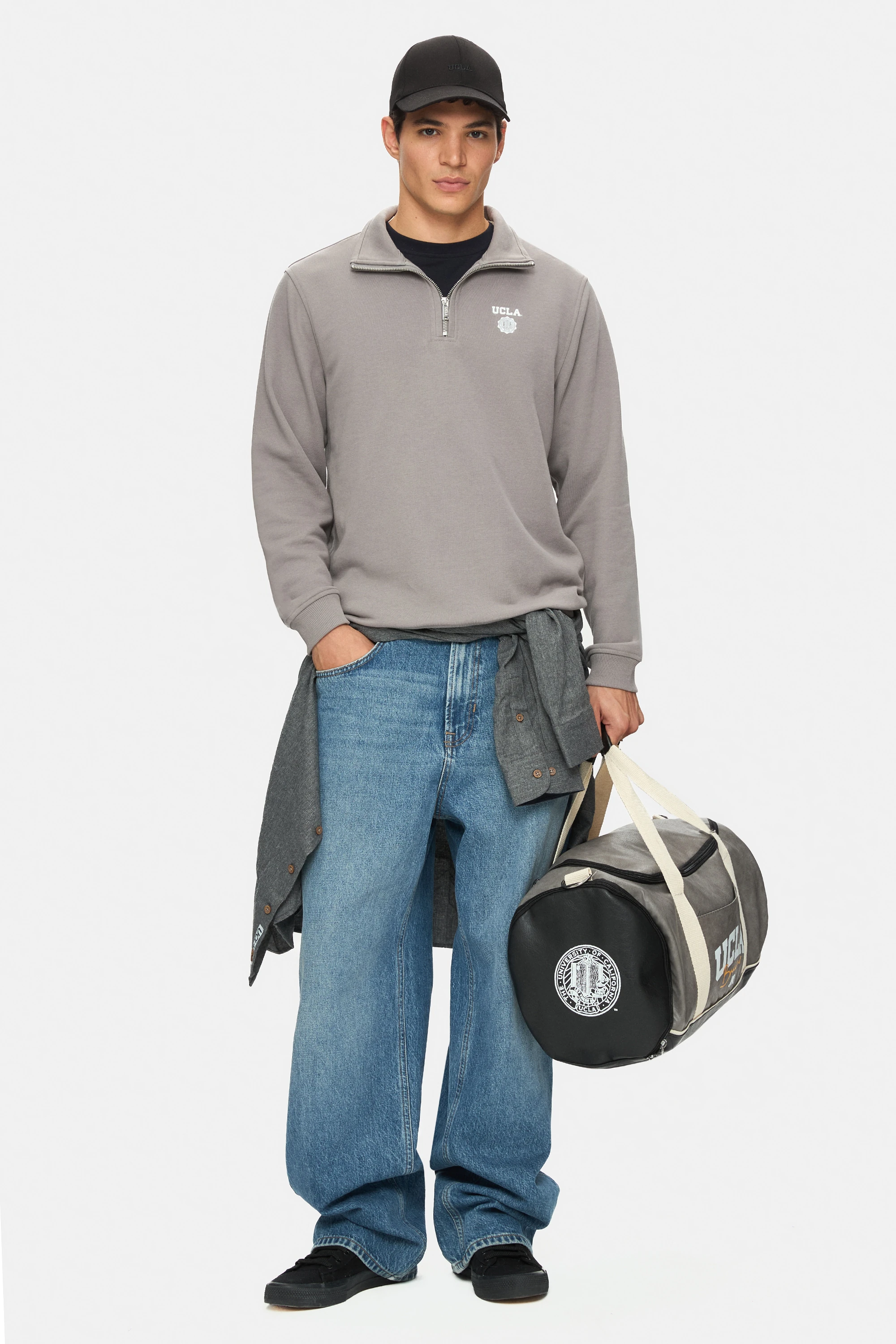 LEON Koyu Gri Yarım Fermuar Baskılı Standard Fit Erkek Sweatshirt