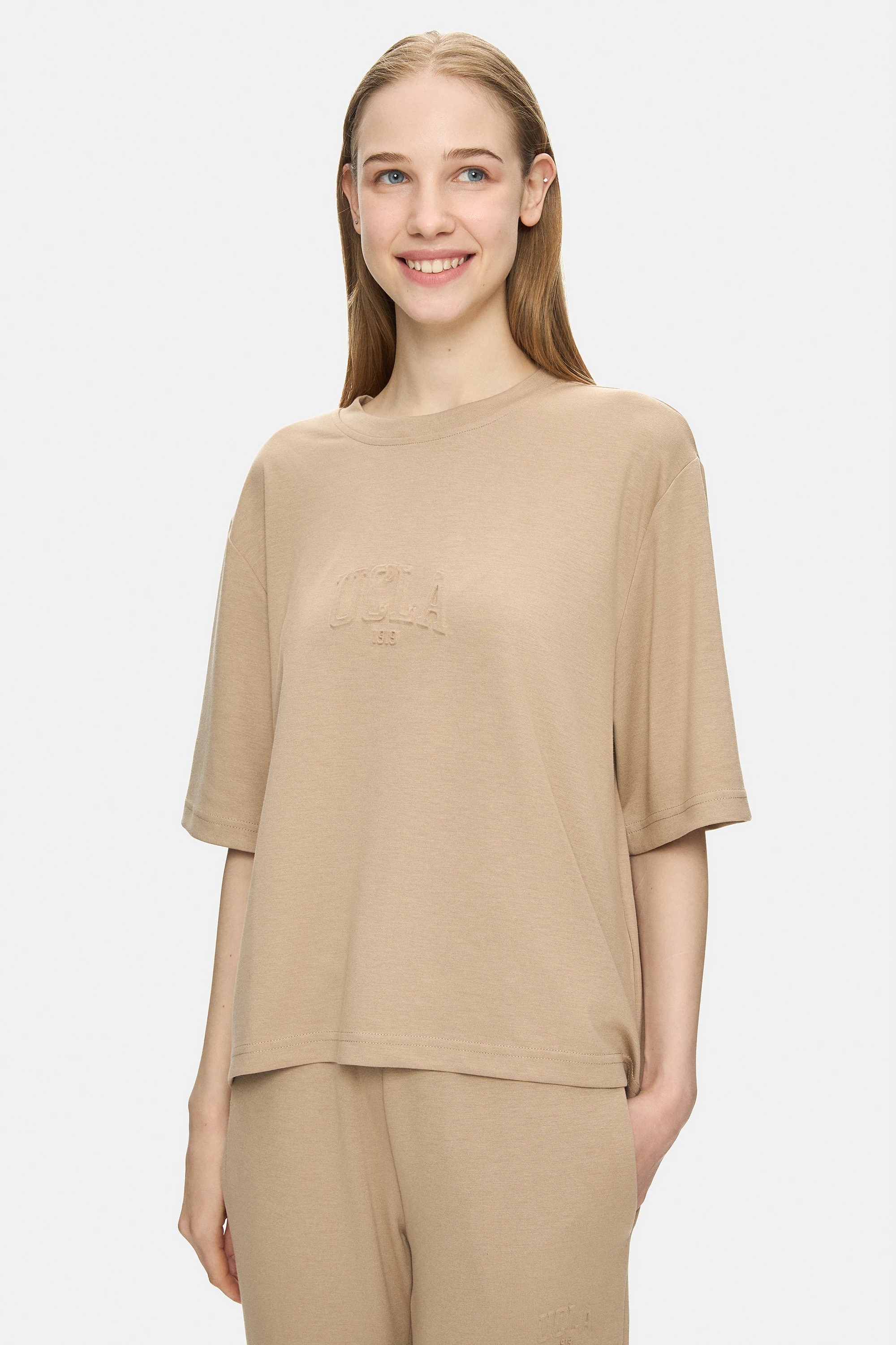 JAYLA Koyu Bej Bisiklet Yaka Gofre Baskılı Modal Kumaş Loose Fit Kadın Tshirt