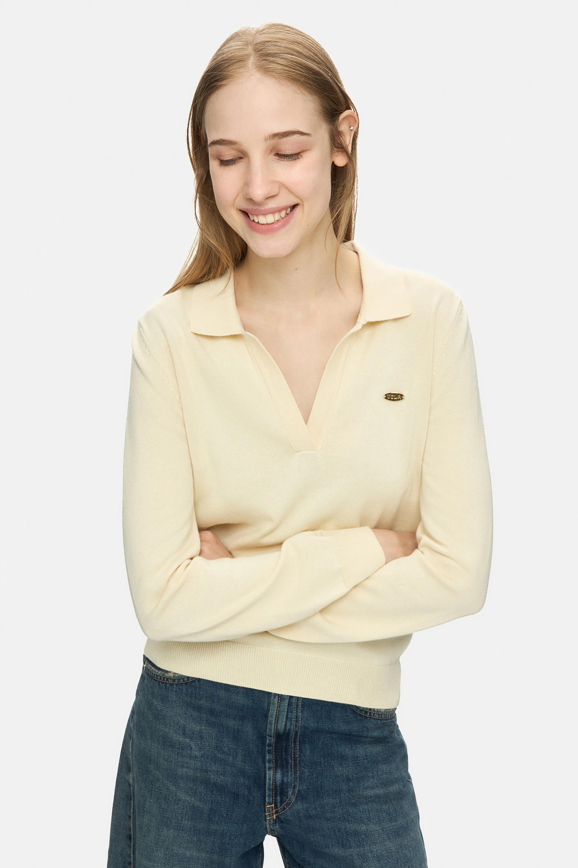 IRENE Kemik Rengi Polo Yaka Triko Metal Logolu Standard Fit Kadın Triko