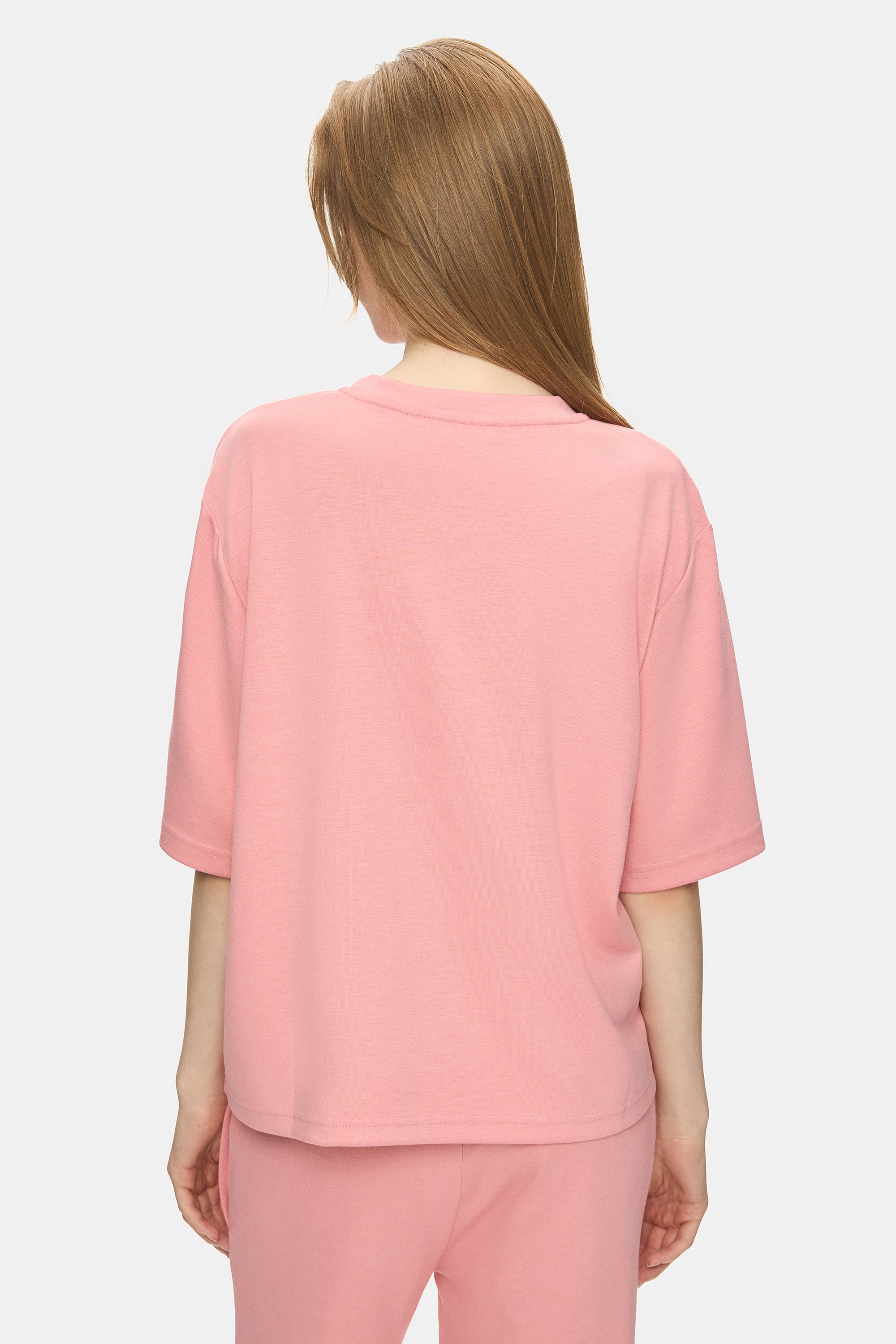 JAYLA Pembe Bisiklet Yaka Gofre Baskı Loose Fit Kadın Tshirt