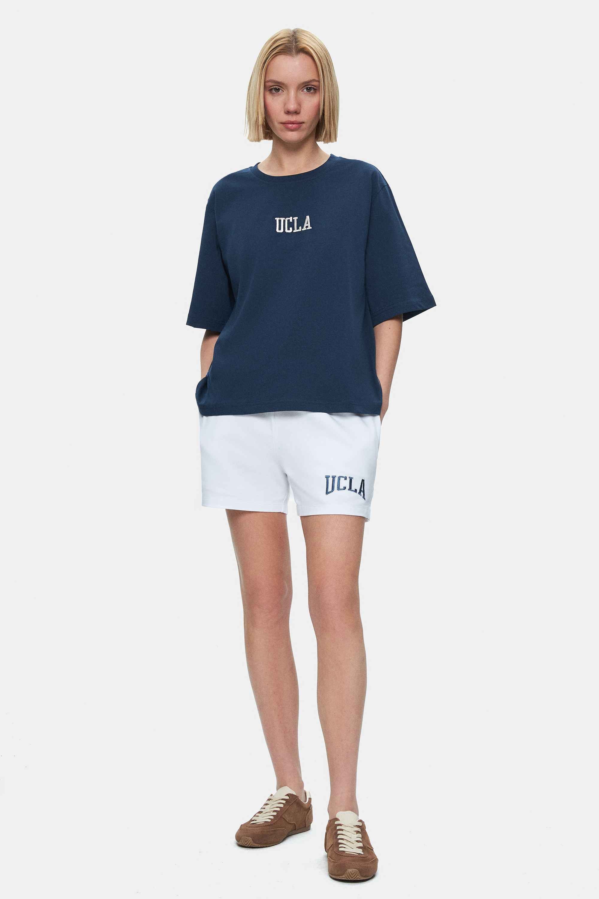 MANUELA Lacivert Bisiklet Yaka Tshirt Nakışlı Loose Fit Kadın Tshirt