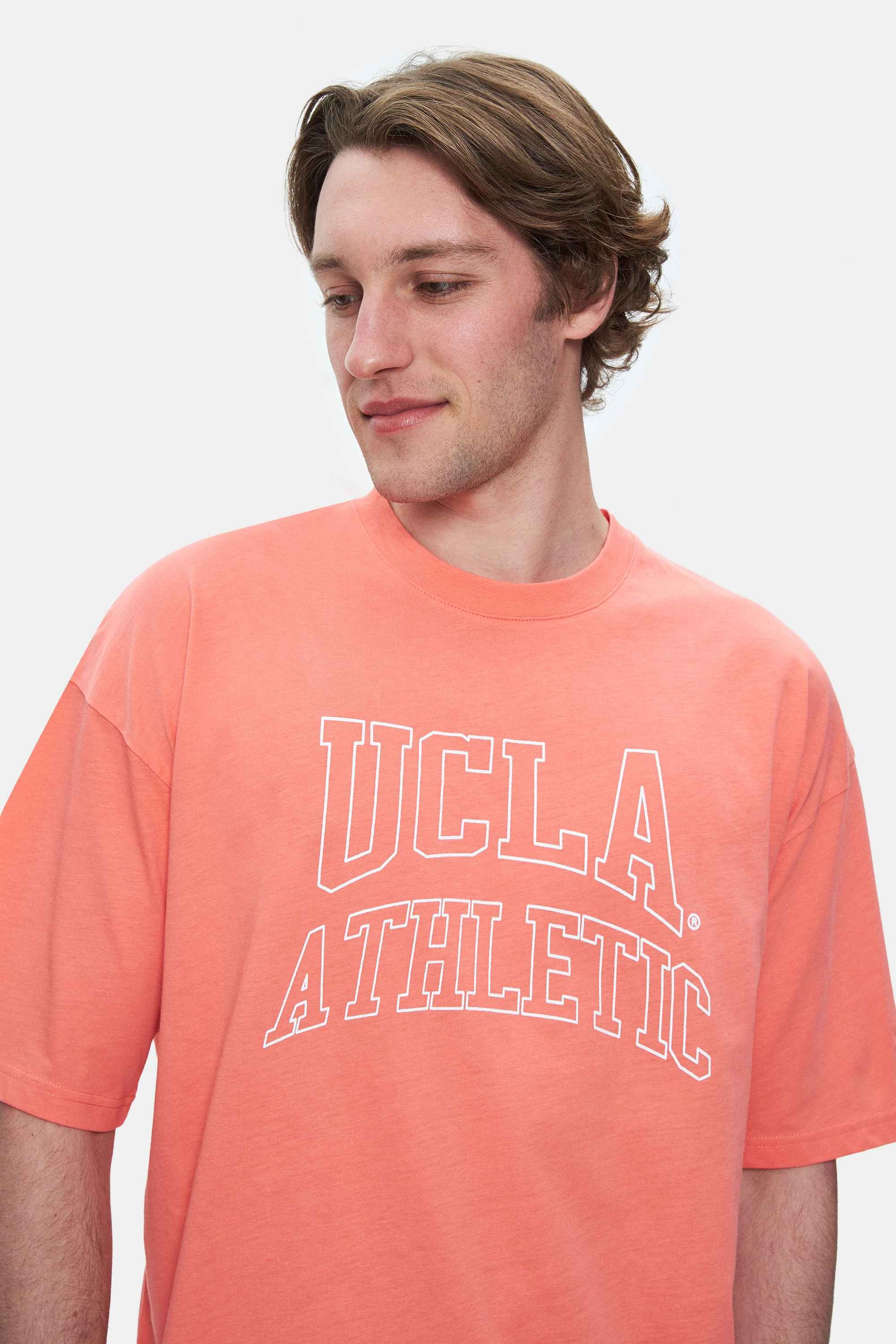 WEBSTER Sıcak Pembe Bisiklet Yaka Baskılı Oversize Erkek Tshirt