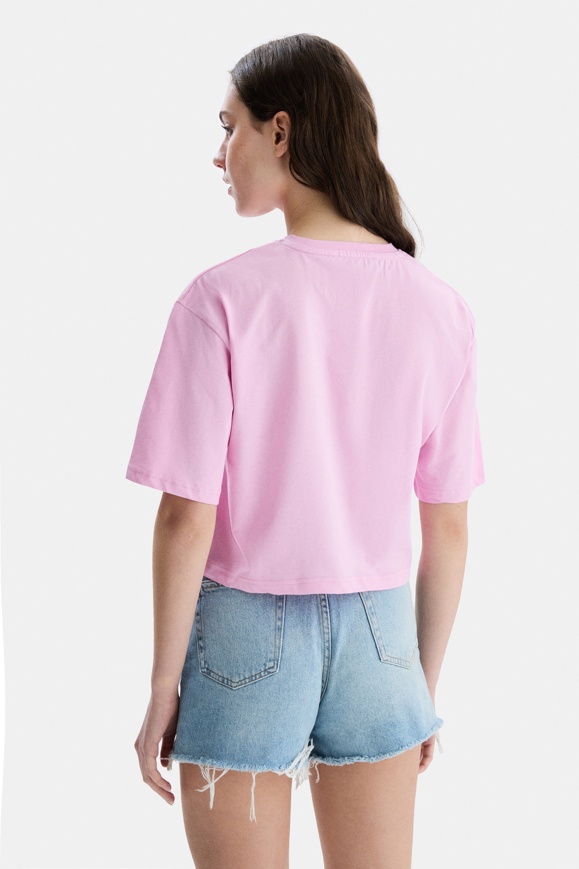 HELENA Pembe Bisiklet Yaka Oversize Crop Nakışlı Oversize Kadın Tshirt