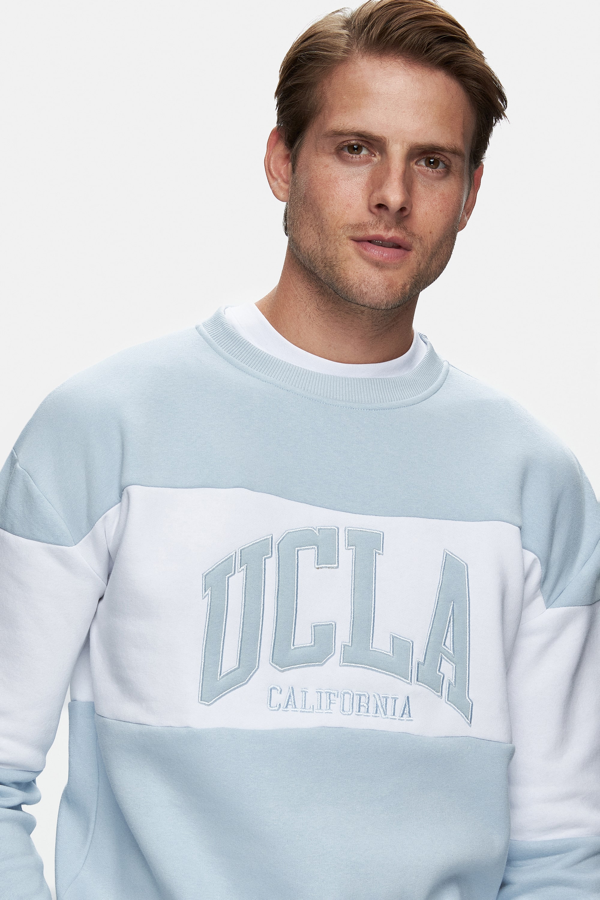 ARCHER Mavi Bisiklet Yaka Nakışlı Şardonlu Loose Fit Erkek Sweatshirt