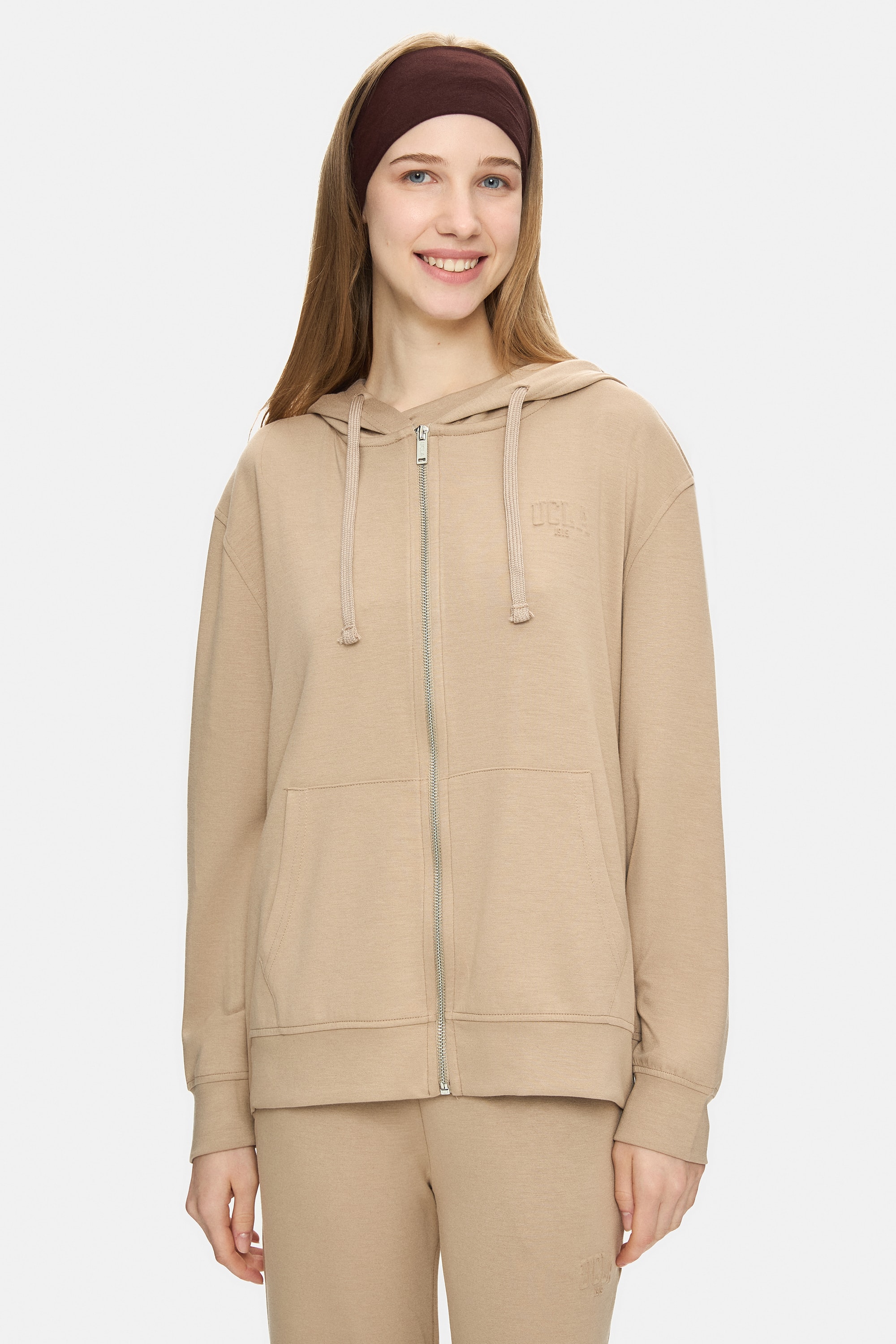 ALLURA Koyu Bej Kapüşonlu Gofre Baskı Loose Fit Kadın Sweatshirt