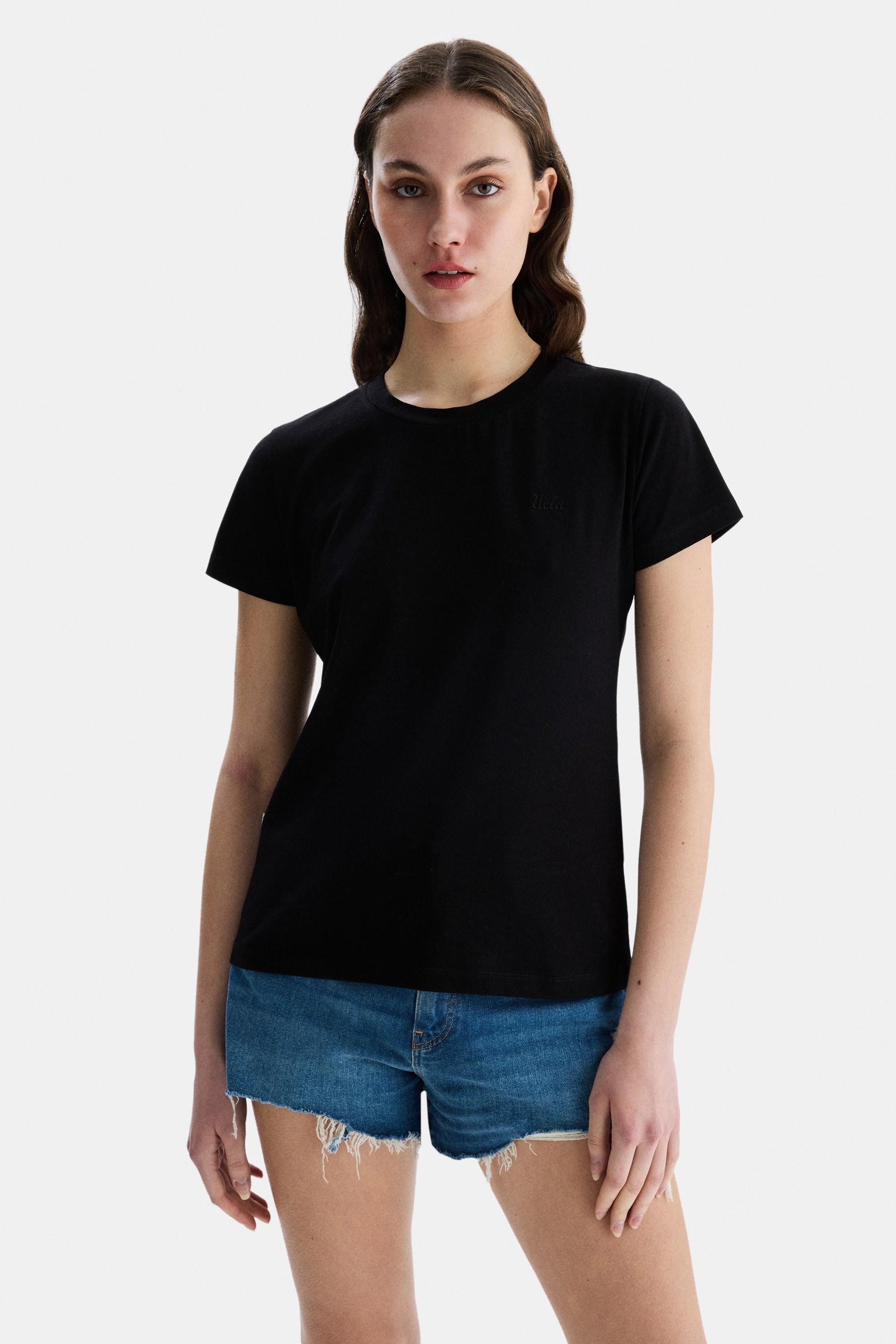 DESTINA Siyah Bisiklet Yaka Nakışlı Kadın Tshirt