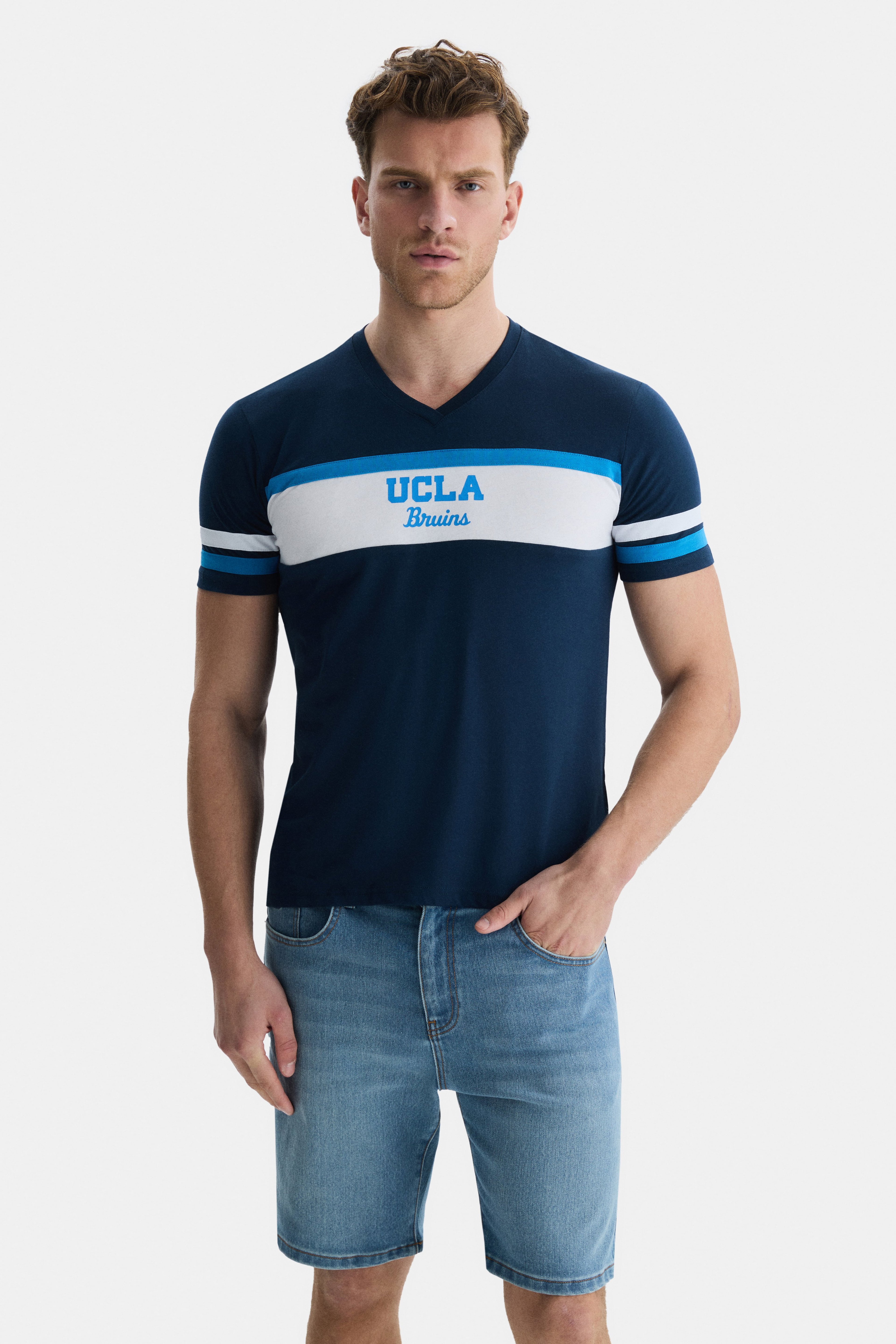 DUSTIN Lacivert V yaka baskılı Standard Fit Erkek Tshirt