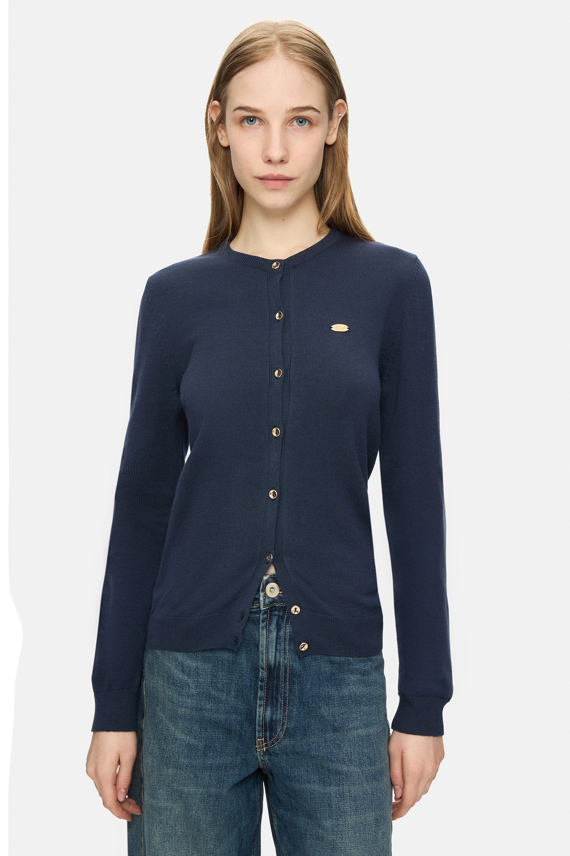 NOVA Lacivert Bisiklet Yaka Metal Logololu Standard Fit Kadın Hırka