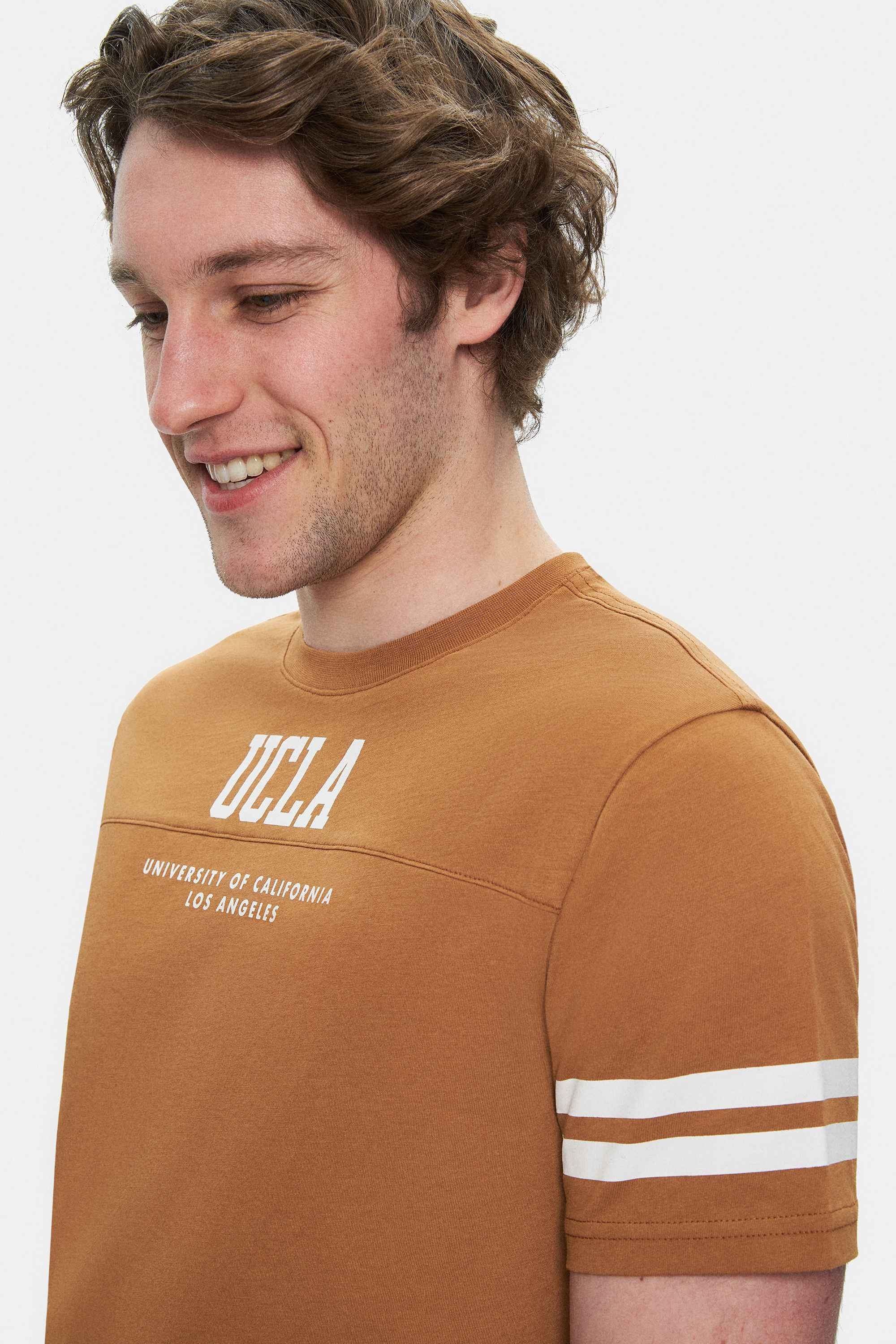 STARK Kahve Kolu Şeritli Bisiklet Yaka Baskılı Standard Fit Erkek Tshirt