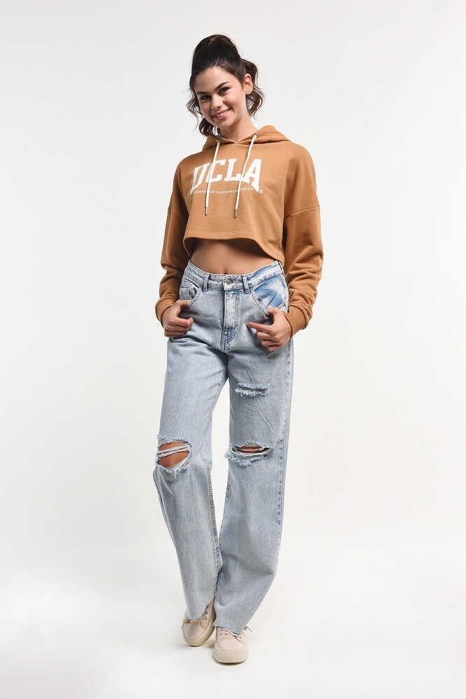 SAUSA Kahve Kapüşonlu Baskılı Oversize Kadın Sweatshirt