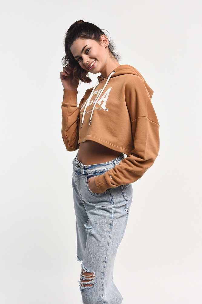 SAUSA Kahve Kapüşonlu Baskılı Oversize Kadın Sweatshirt