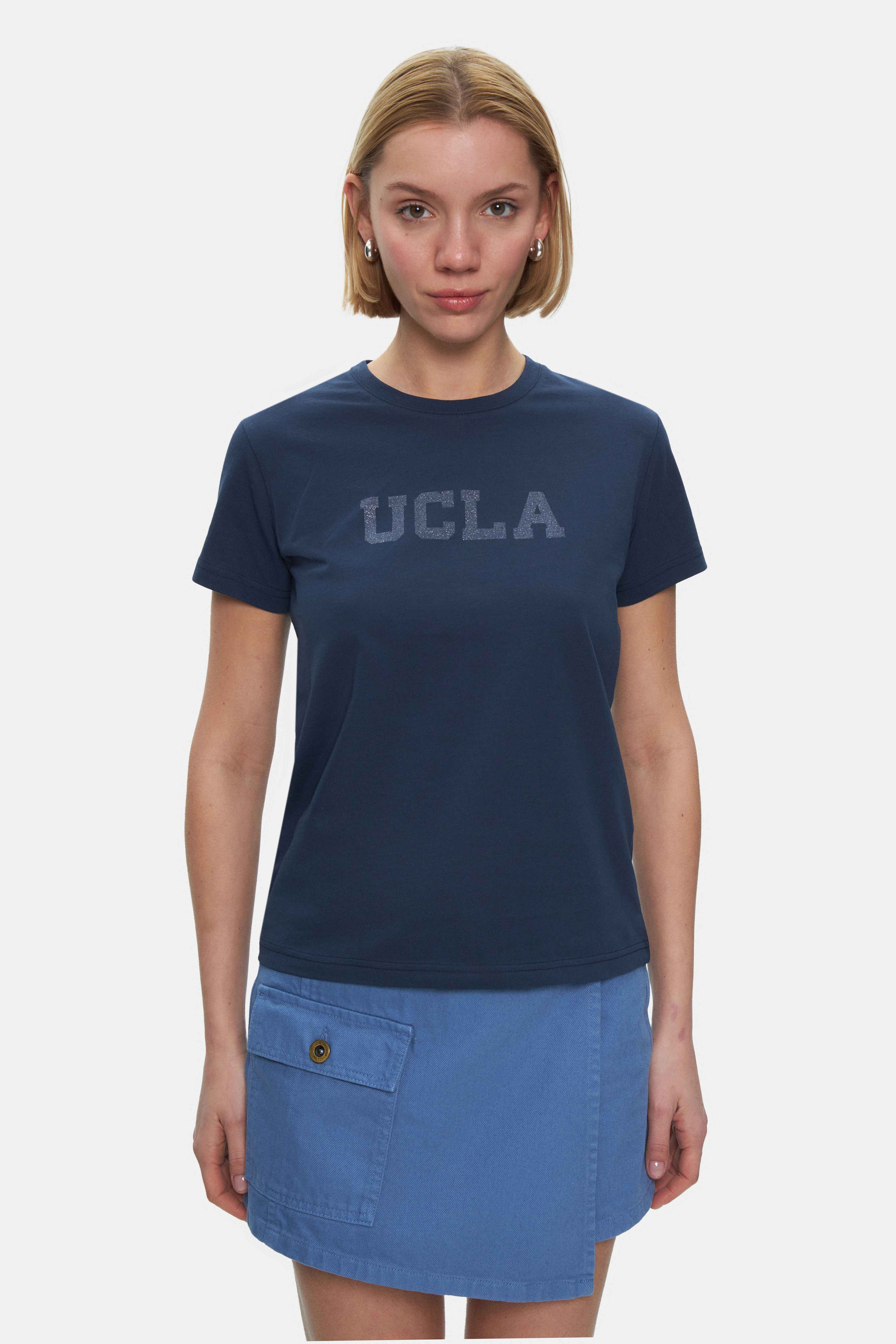 ISOLDE Lacivert Bisiklet Yaka Baskılı Standard Fit Kadın Tshirt