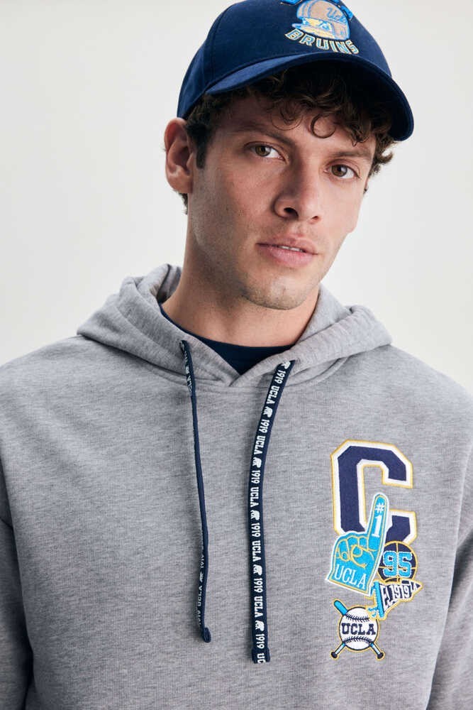 ROSS Gri Kapüşonlu Nakışlı Oversize Erkek Sweatshirt
