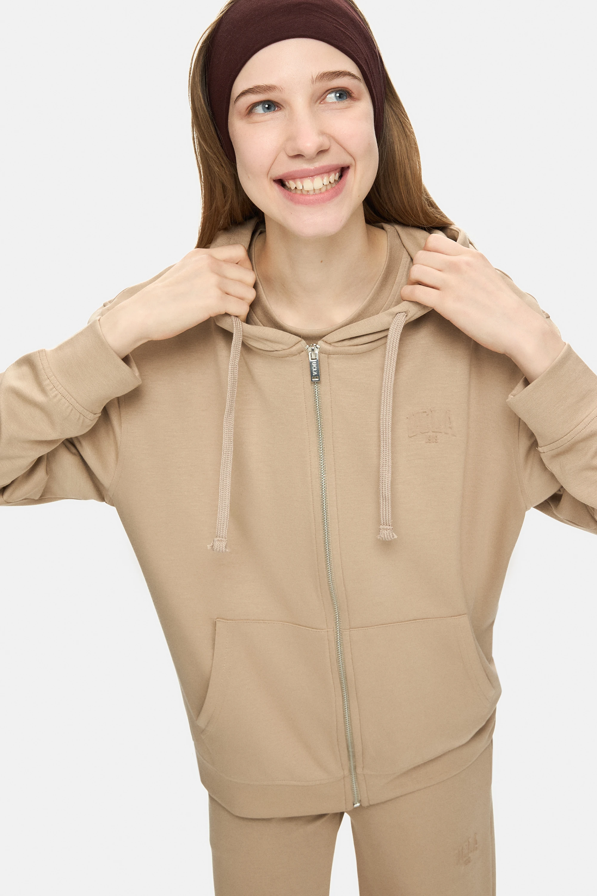 ALLURA Koyu Bej Kapüşonlu Gofre Baskılı Modal Kumaş Loose Fit Kadın Sweatshirt