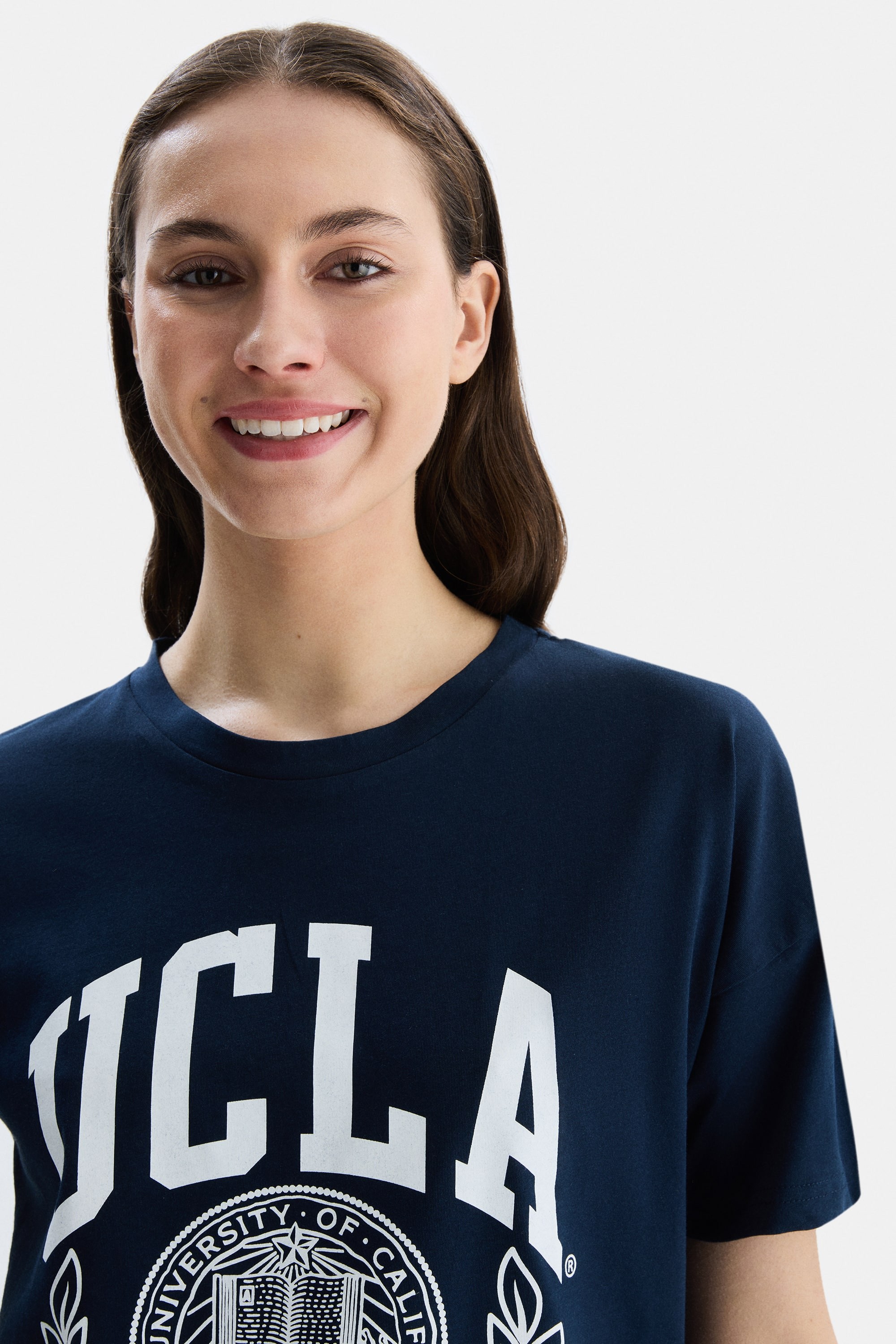 AVALON Lacivert Bisiklet Yaka Baskılı Oversize Kadın Tshirt