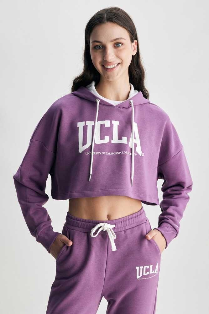 SAUSA Mor Kapüşonlu Baskılı Oversize Kadın Sweatshirt