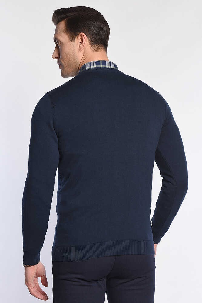 MENTO Koyu Lacivert Bisiklet Yaka Nakışlı Slim Fit Erkek Triko
