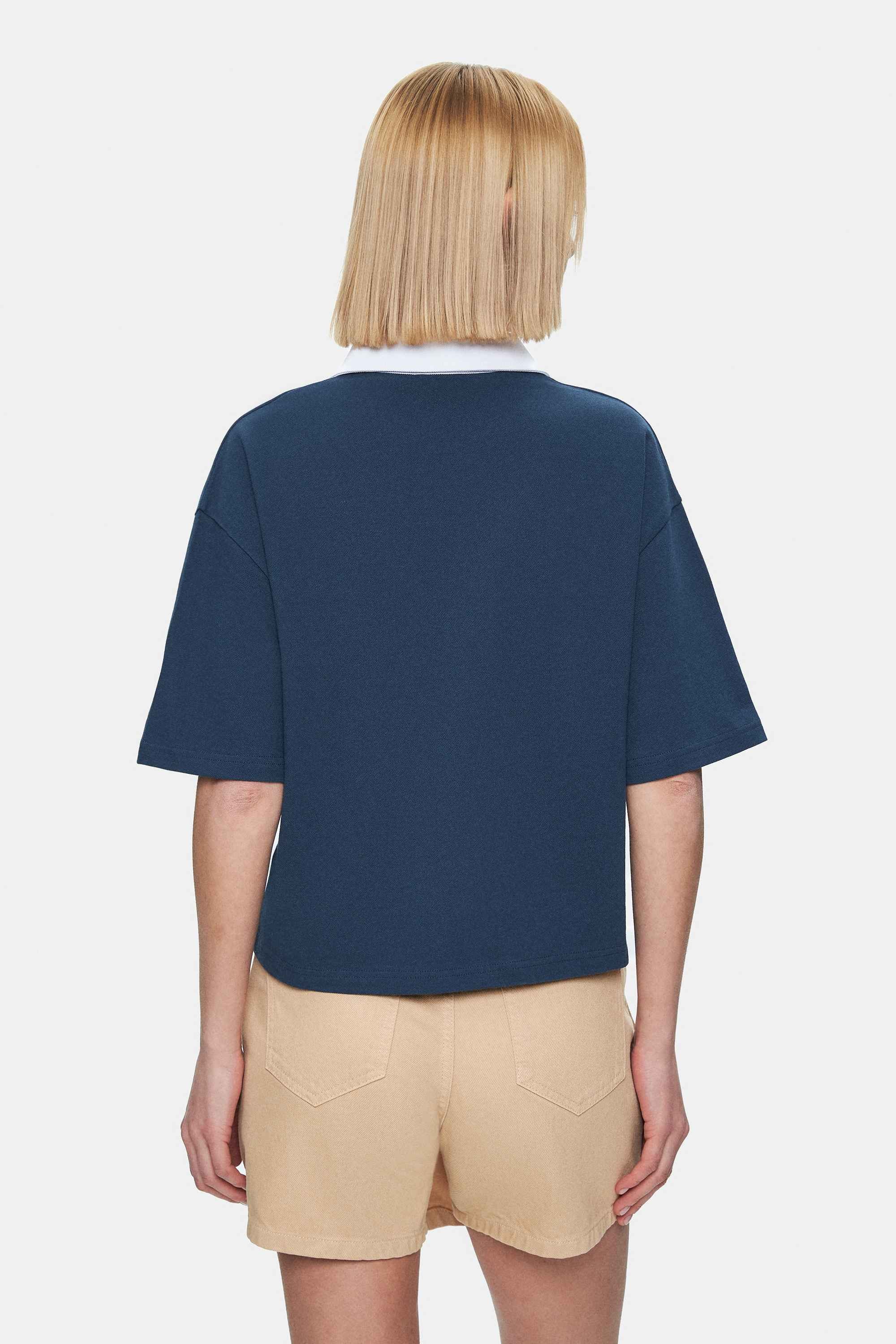 POLLY Lacivert Polo Yaka Sargı Nakışlı Loose Fit Kadın Tshirt
