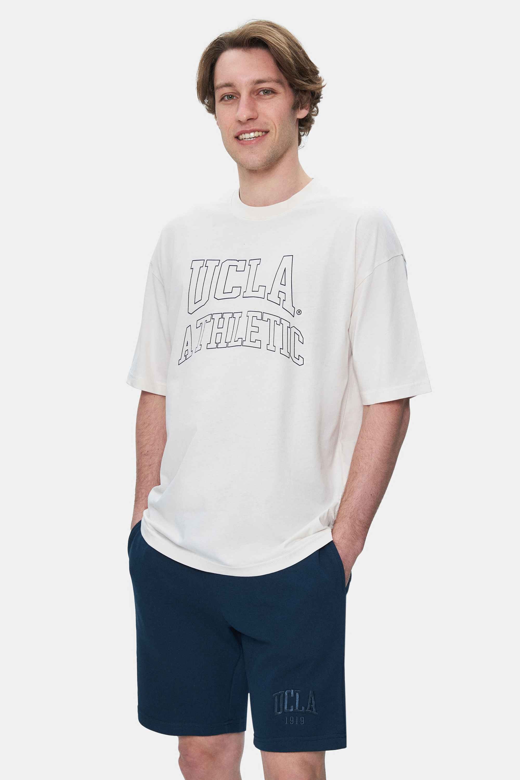 WEBSTER Kemik Rengi Bisiklet Yaka Baskılı Oversize Erkek Tshirt