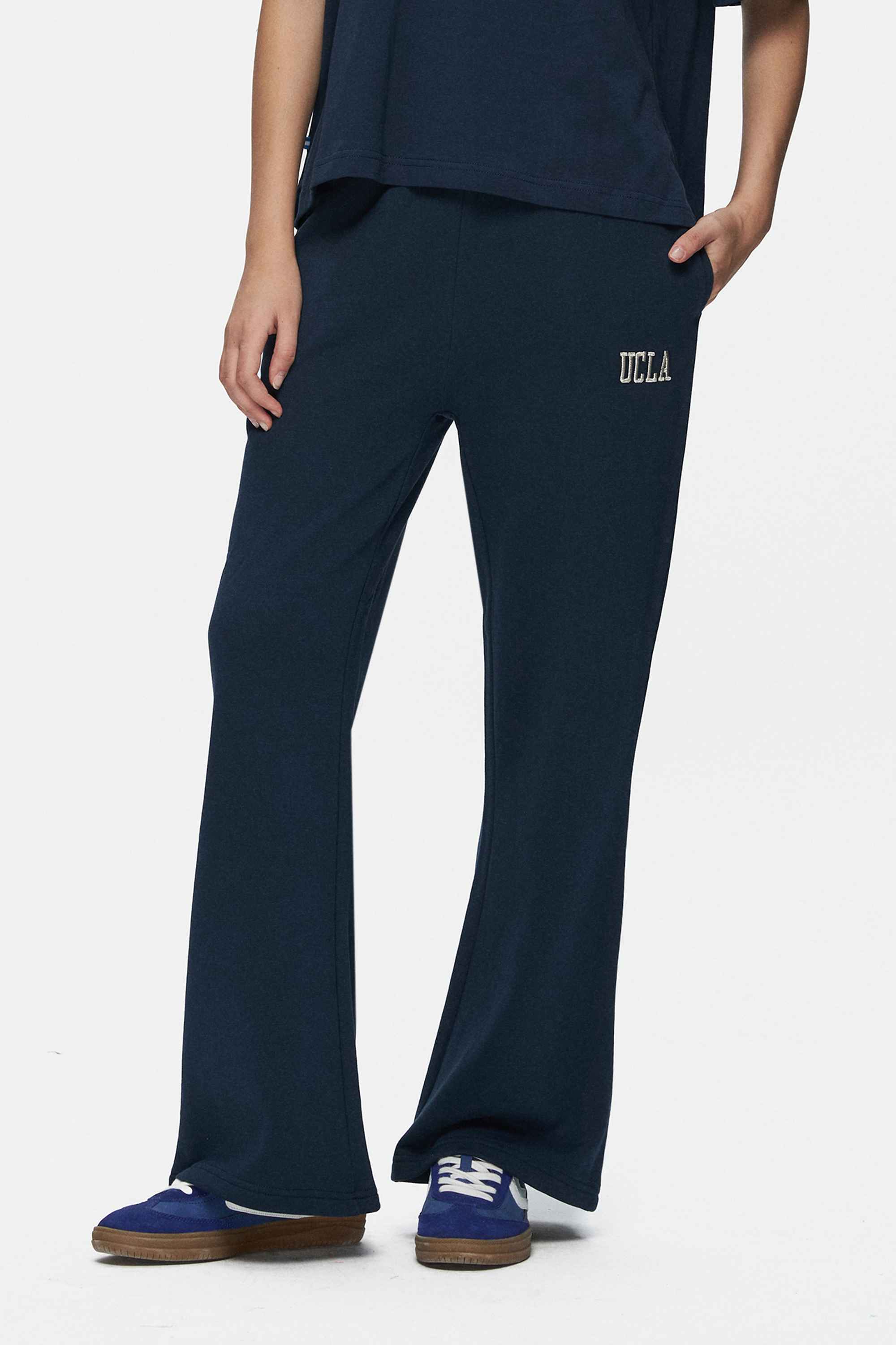 DAPHNE Lacivert İspanyol Paça Nakışlı Standard Fit Kadın Eşofman Altı