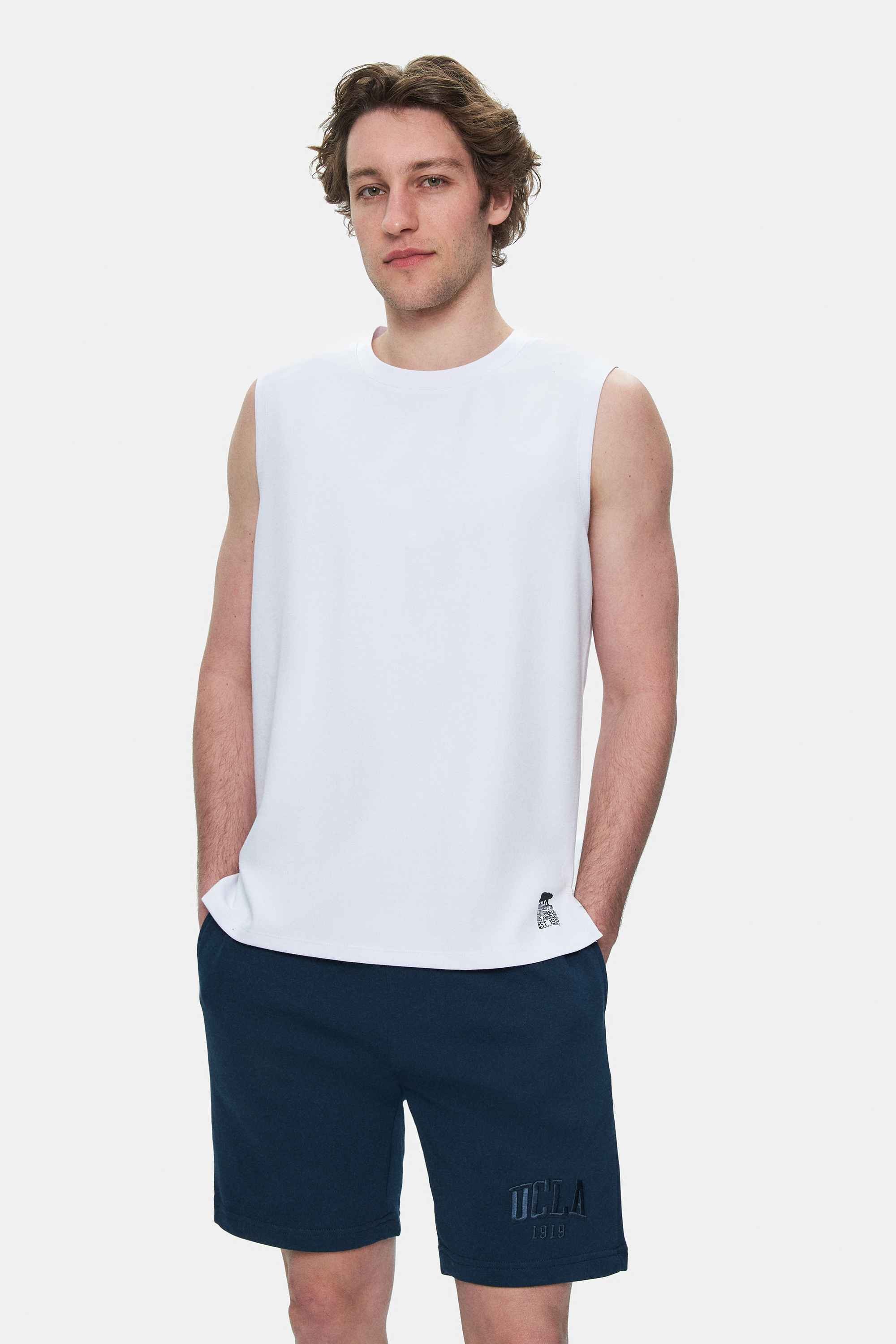 BODHI Beyaz Bisiklet Yaka Sıfır Kol Baskılı Modal Kumaş Oversize Erkek Tshirt
